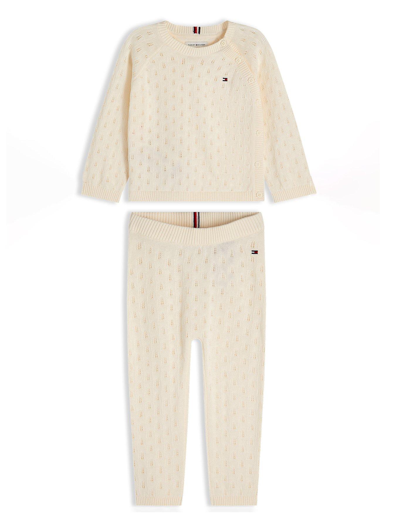 Image 1 of 5 of Tommy Hilfiger Baby Pointelle Knit Sweater and Leggings Gift Set - Cream