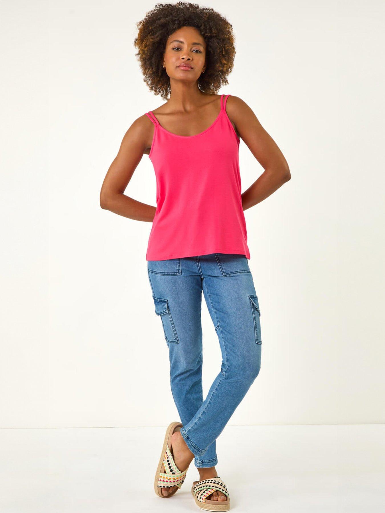 Image 3 of 5 of Roman Plain Double Strap Stretch Vest Top - Pink