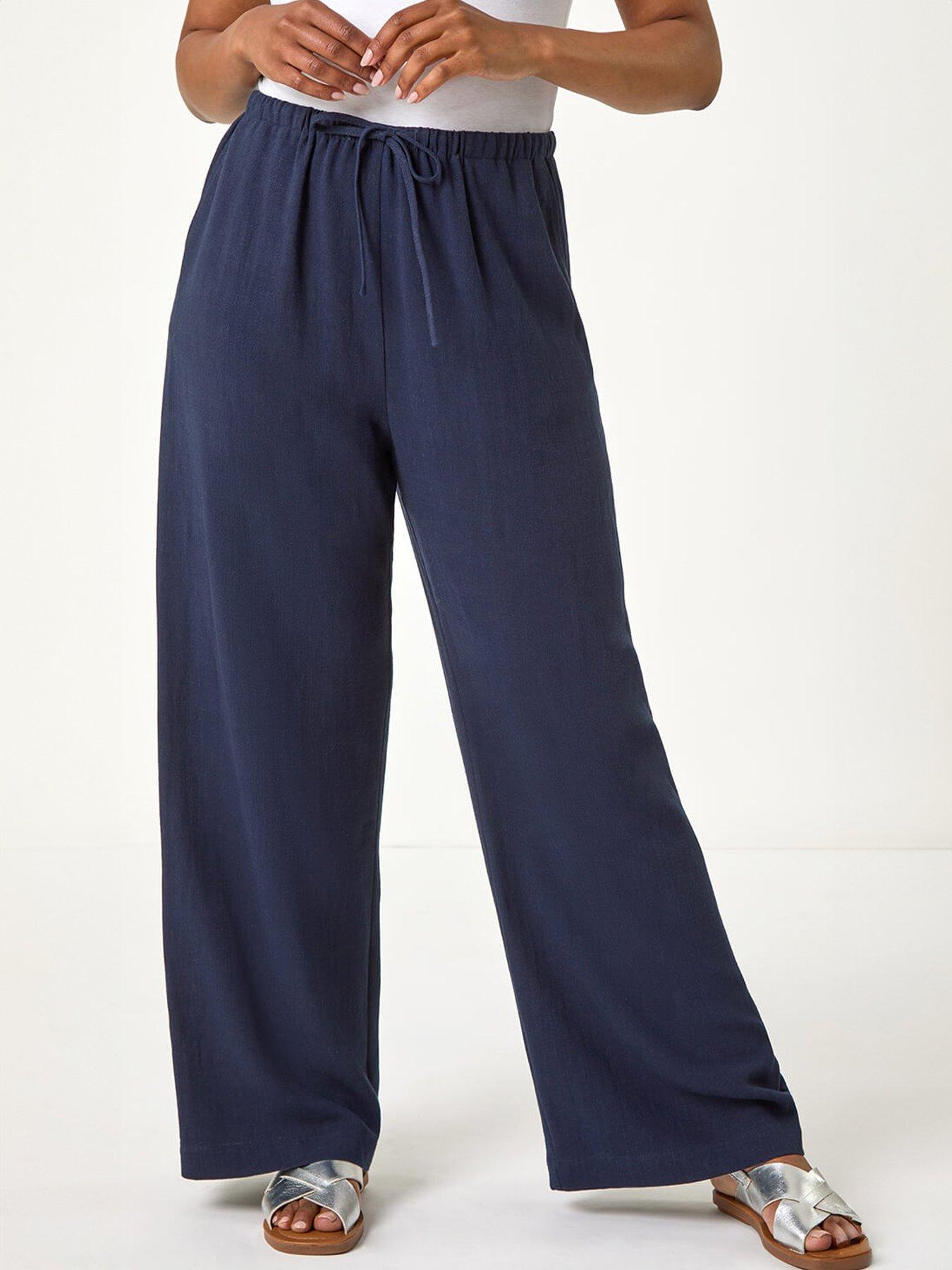 Roman Petite Linen Mix Wide Leg Trouser, Blue, Size 18, Women