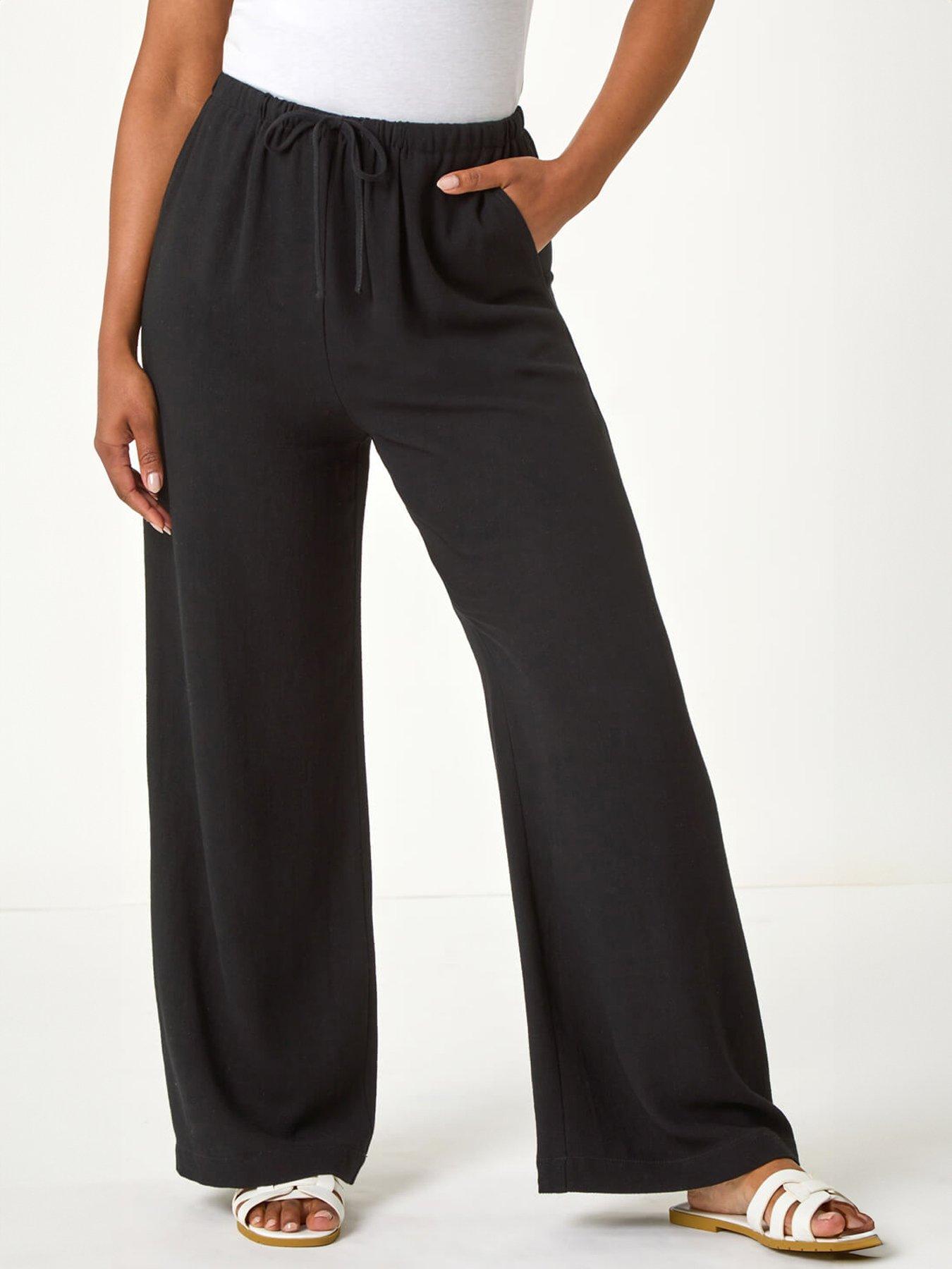 Roman Petite Linen Mix Wide Leg Trouser, Black, Size 18, Women