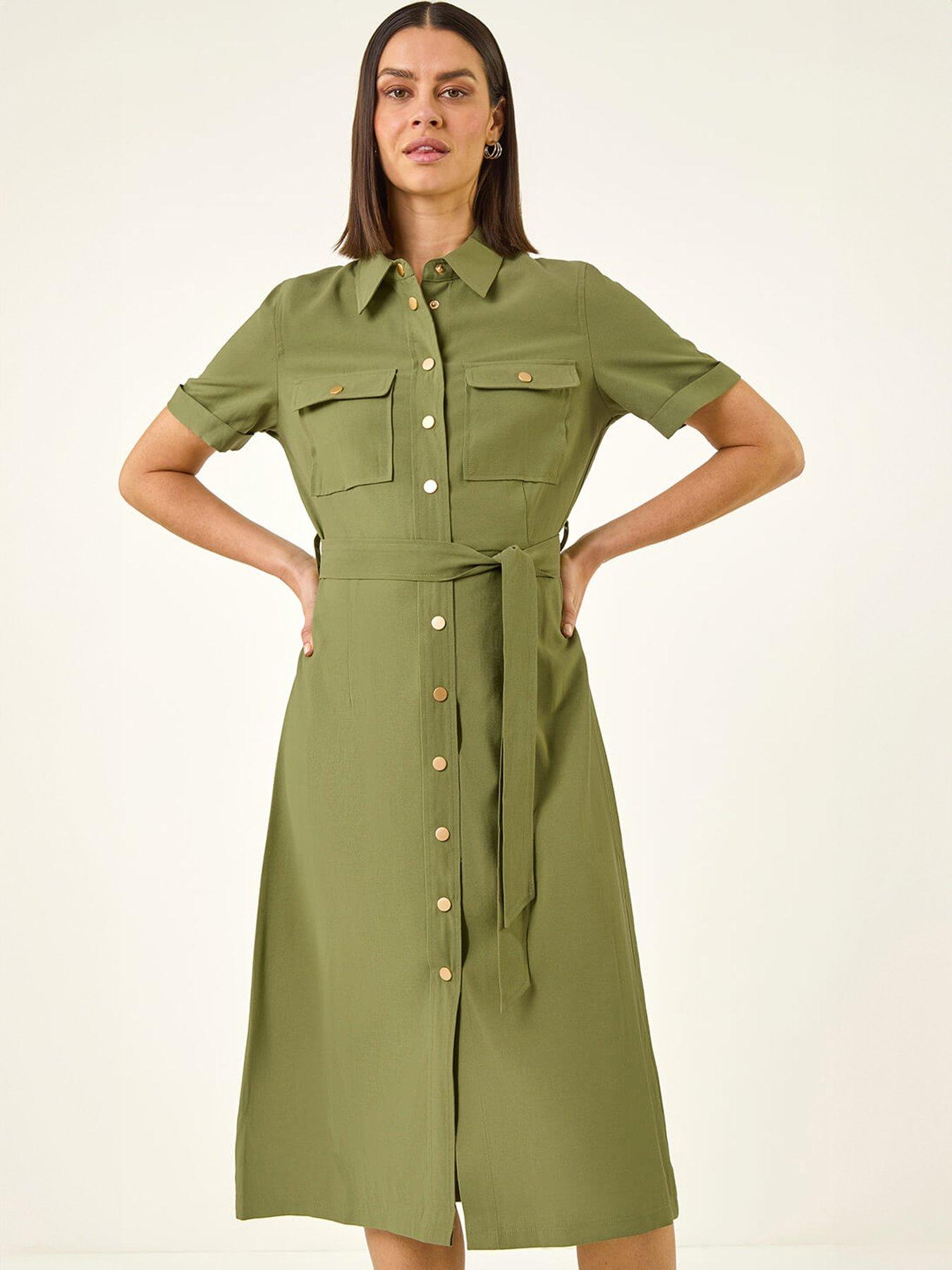 Roman Button Belted Collared Shirt Dress