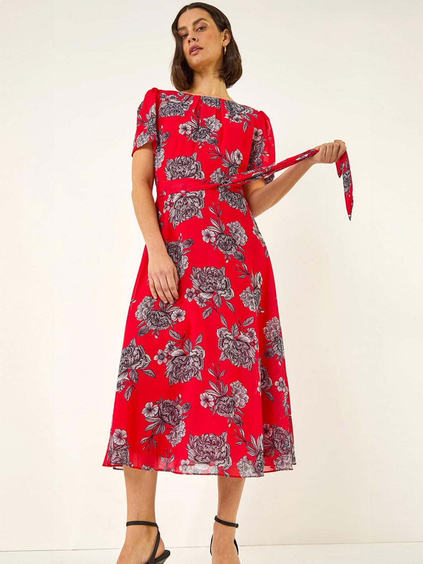 Roman Floral Print Stretch Pleated Dress