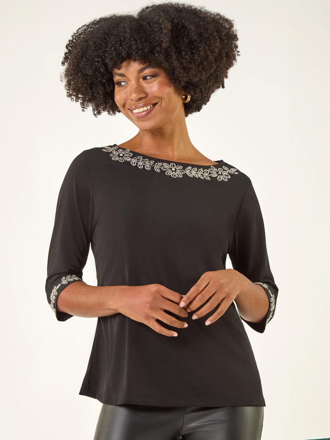 Roman Women's Black Embellished Stretch Tunic Top Size 12 - Image 6