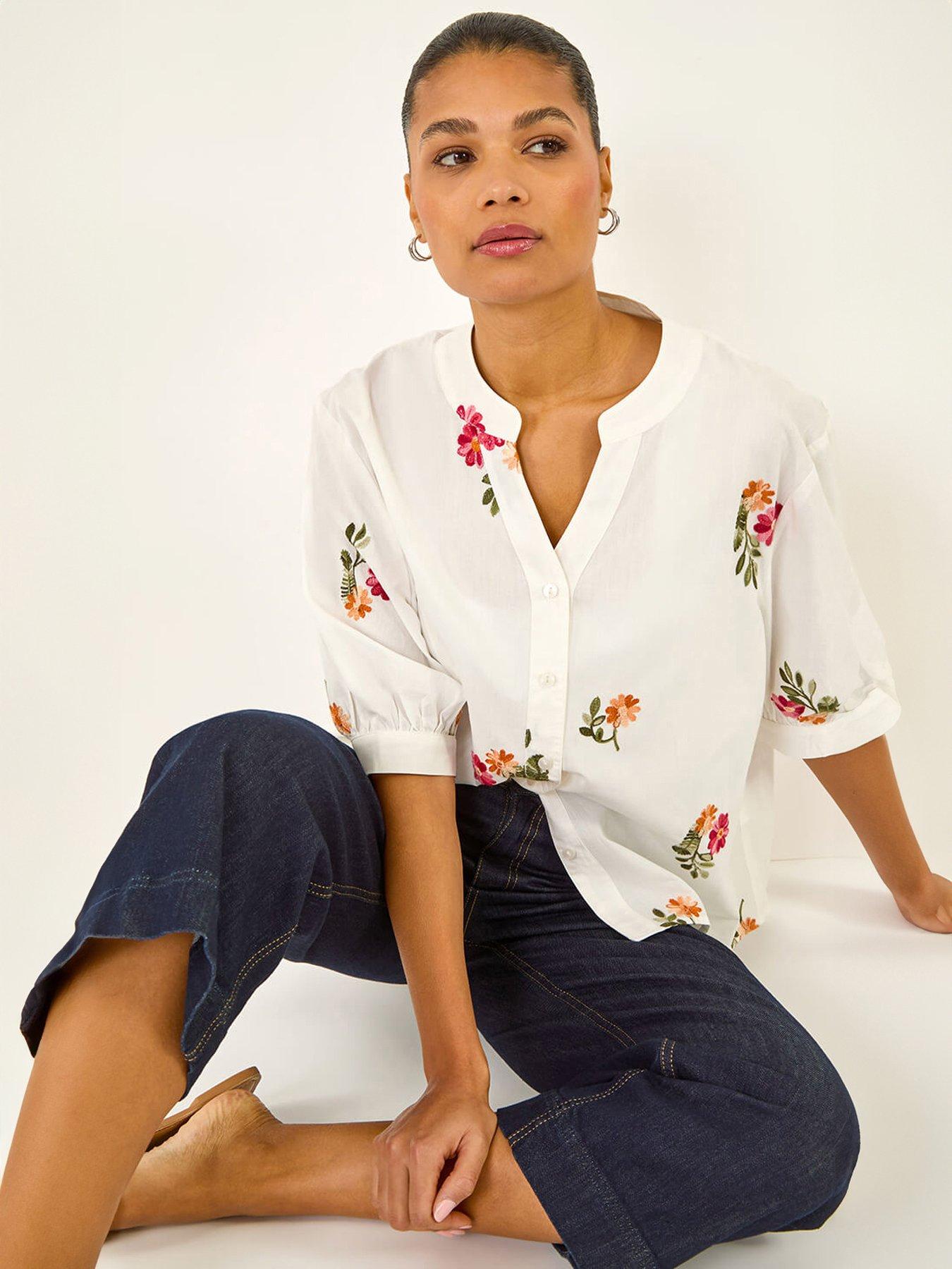 Roman Floral Embroidered V-Neck Blouse