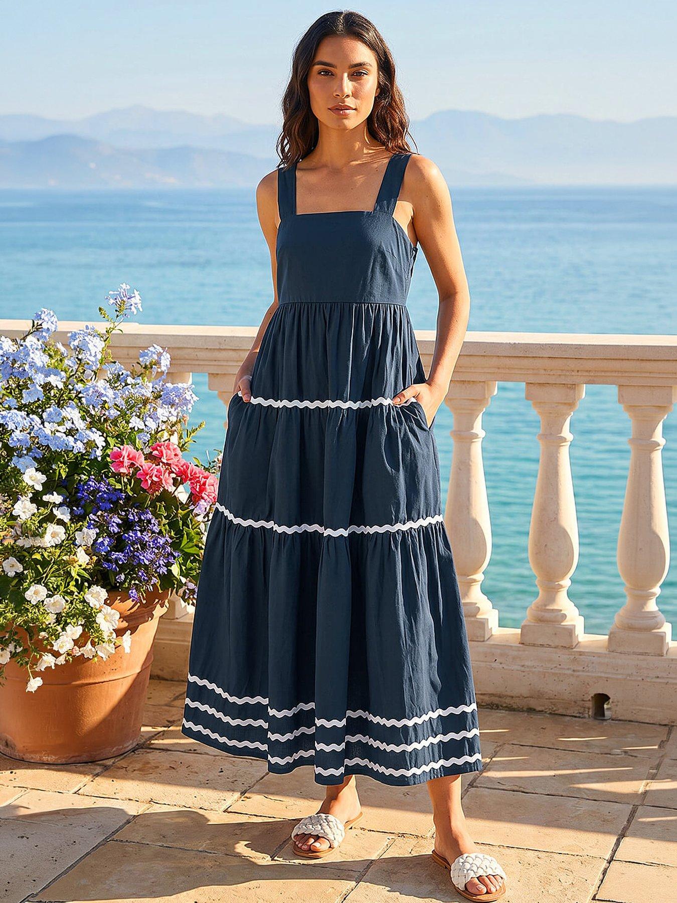 Roman Ric Rac Tiered Midi Dress, Blue, Size 16, Women