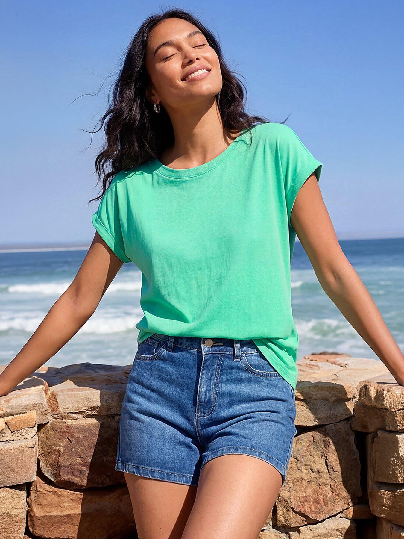 Roman Plain Stretch Cotton Jersey T-shirt, Blue, Size 20, Women