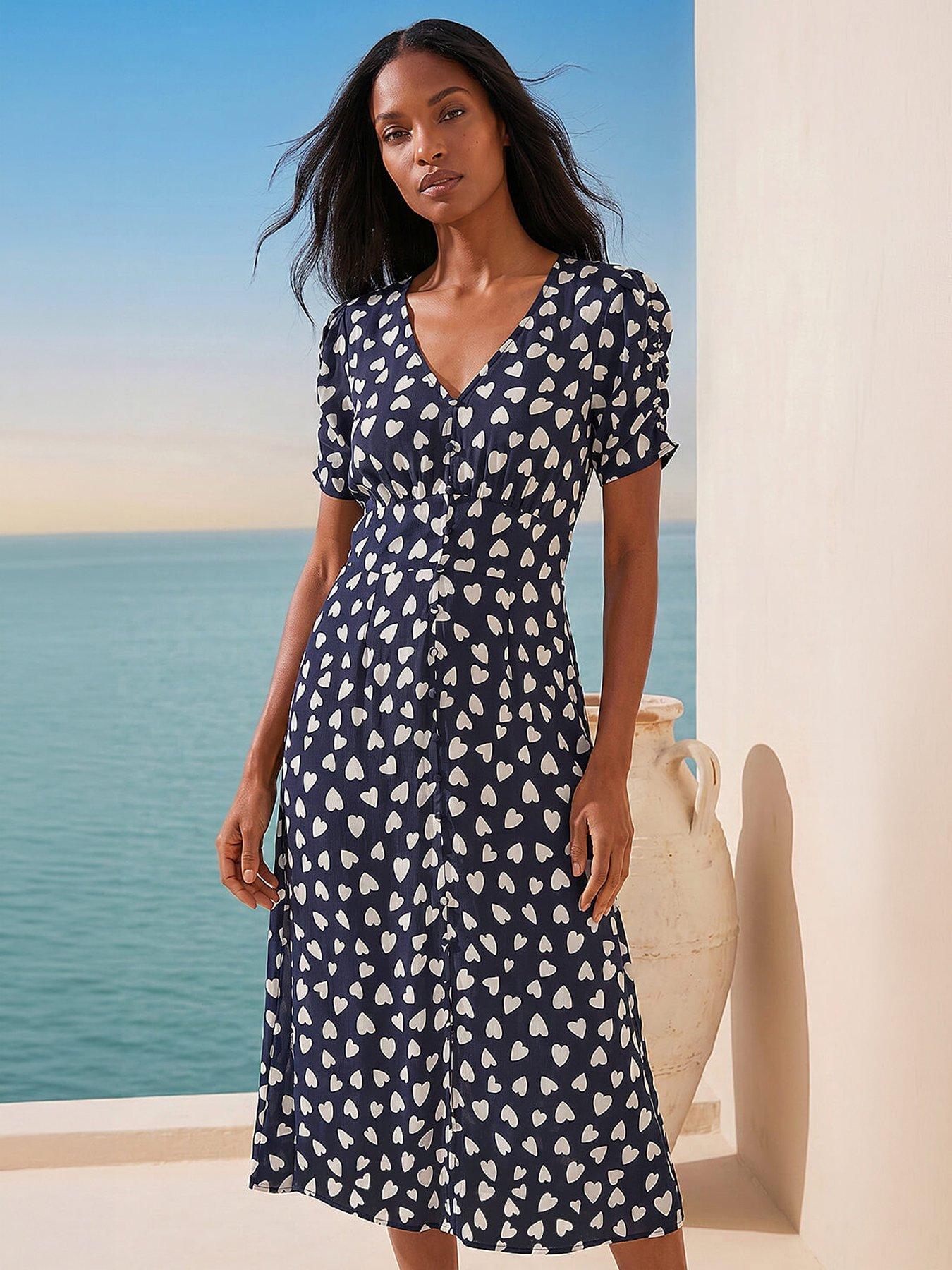 Roman Heart Print Ruched Midi Dress