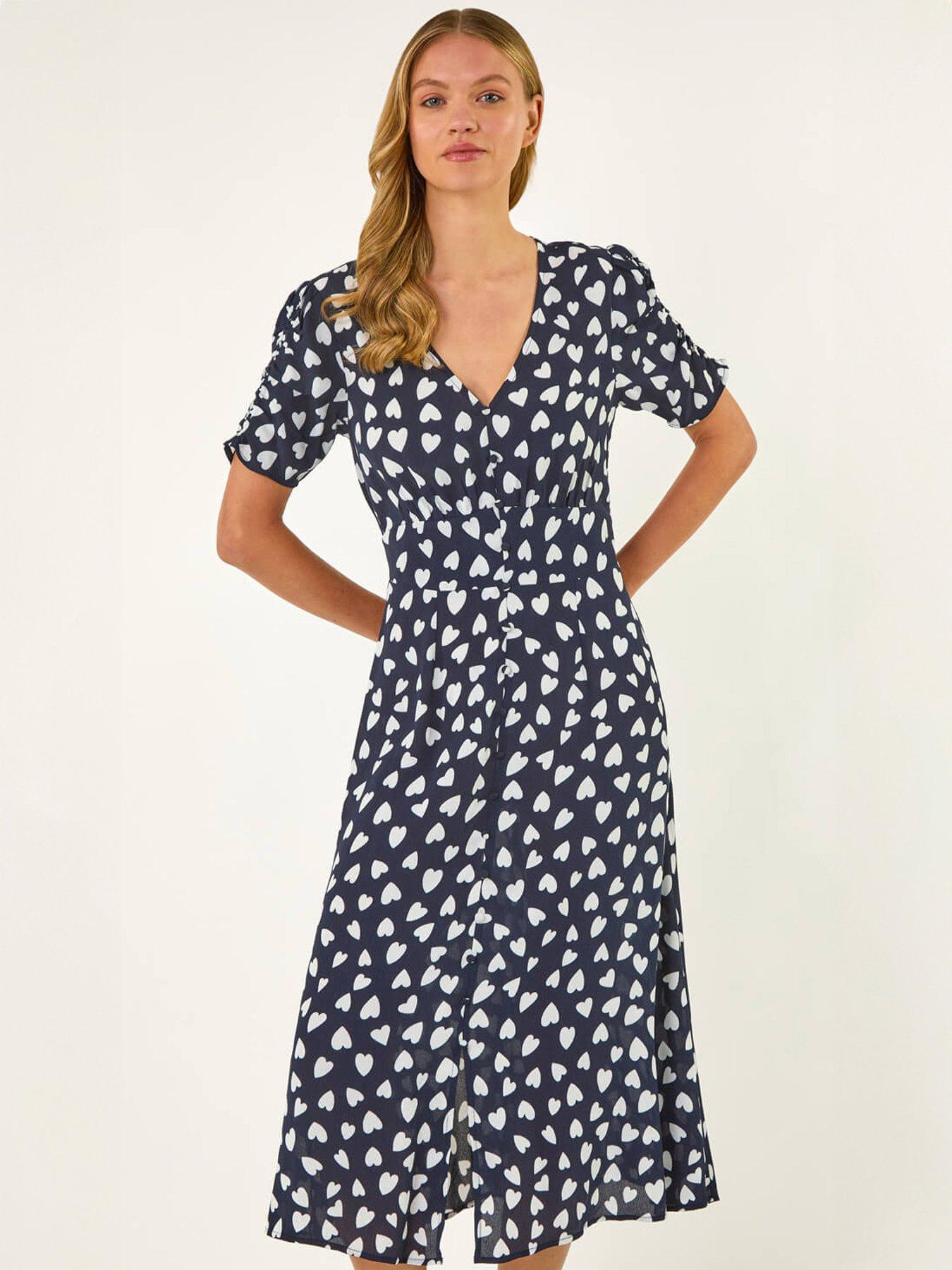 Roman Heart Print Ruched Midi Dress