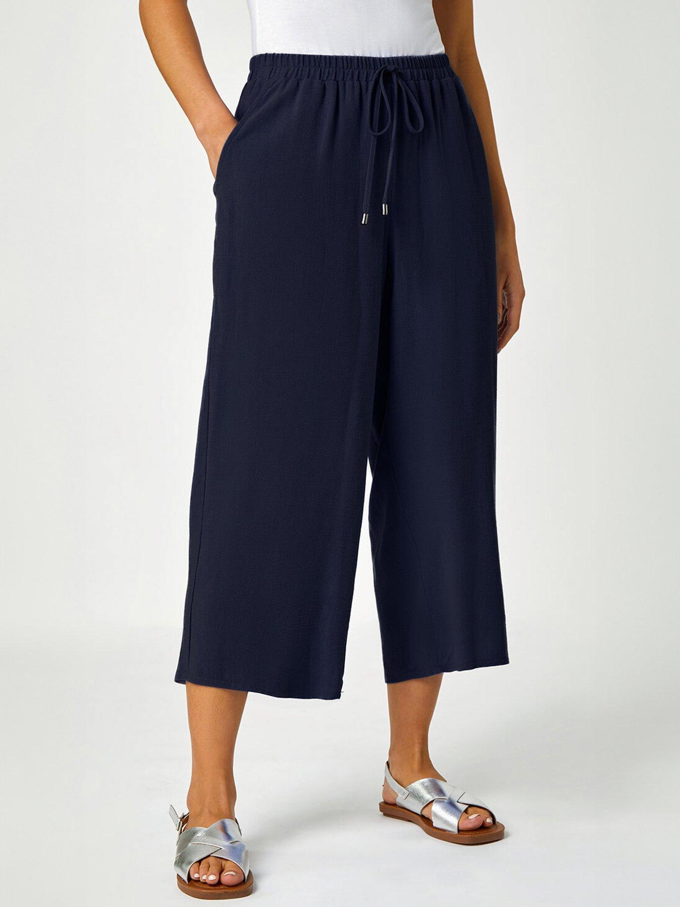 Roman Petite Linen Mix Wide Cropped Trousers, Blue, Size 18, Women