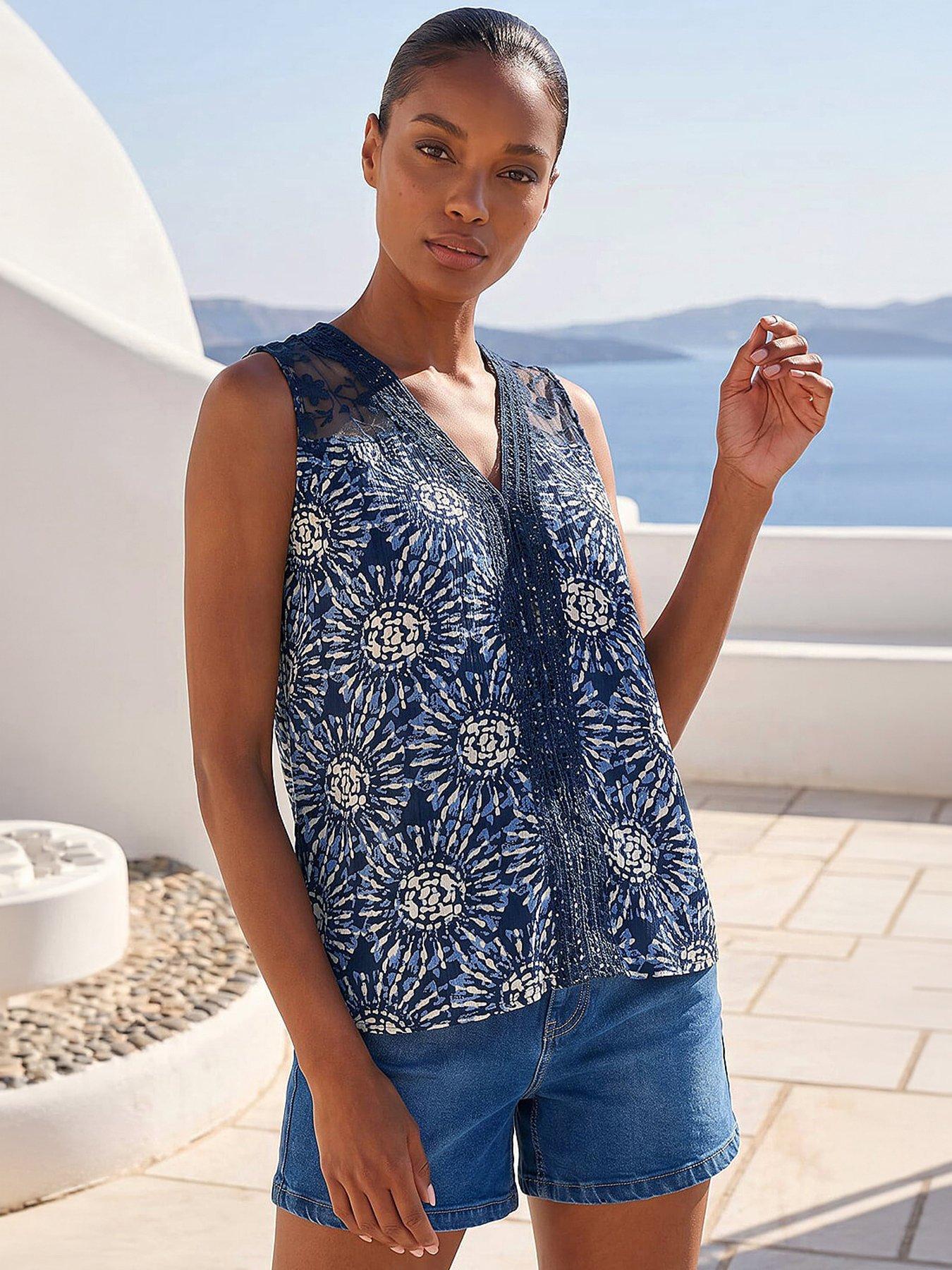 Roman Tie Dye Lace Detail Vest, Blue, Size 10, Women
