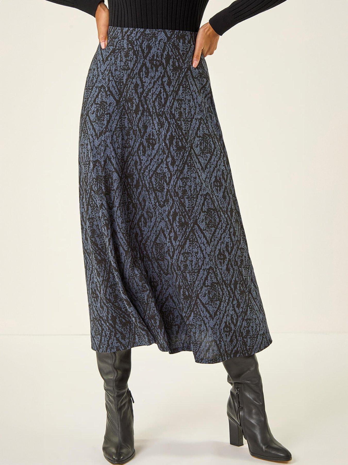 Roman Abstract Diamond Print Midi Skirt, Blue, Size 18, Women