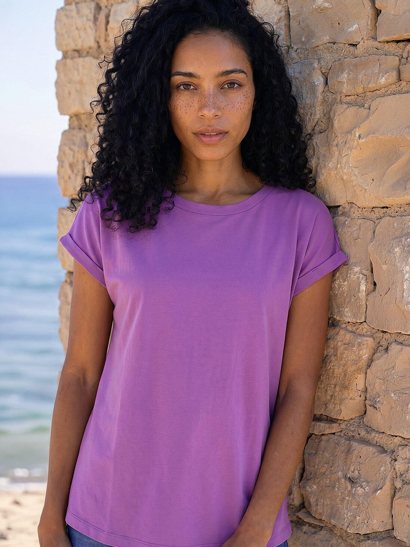 Roman Plain Stretch Cotton Jersey T-shirt, Purple, Size 20, Women