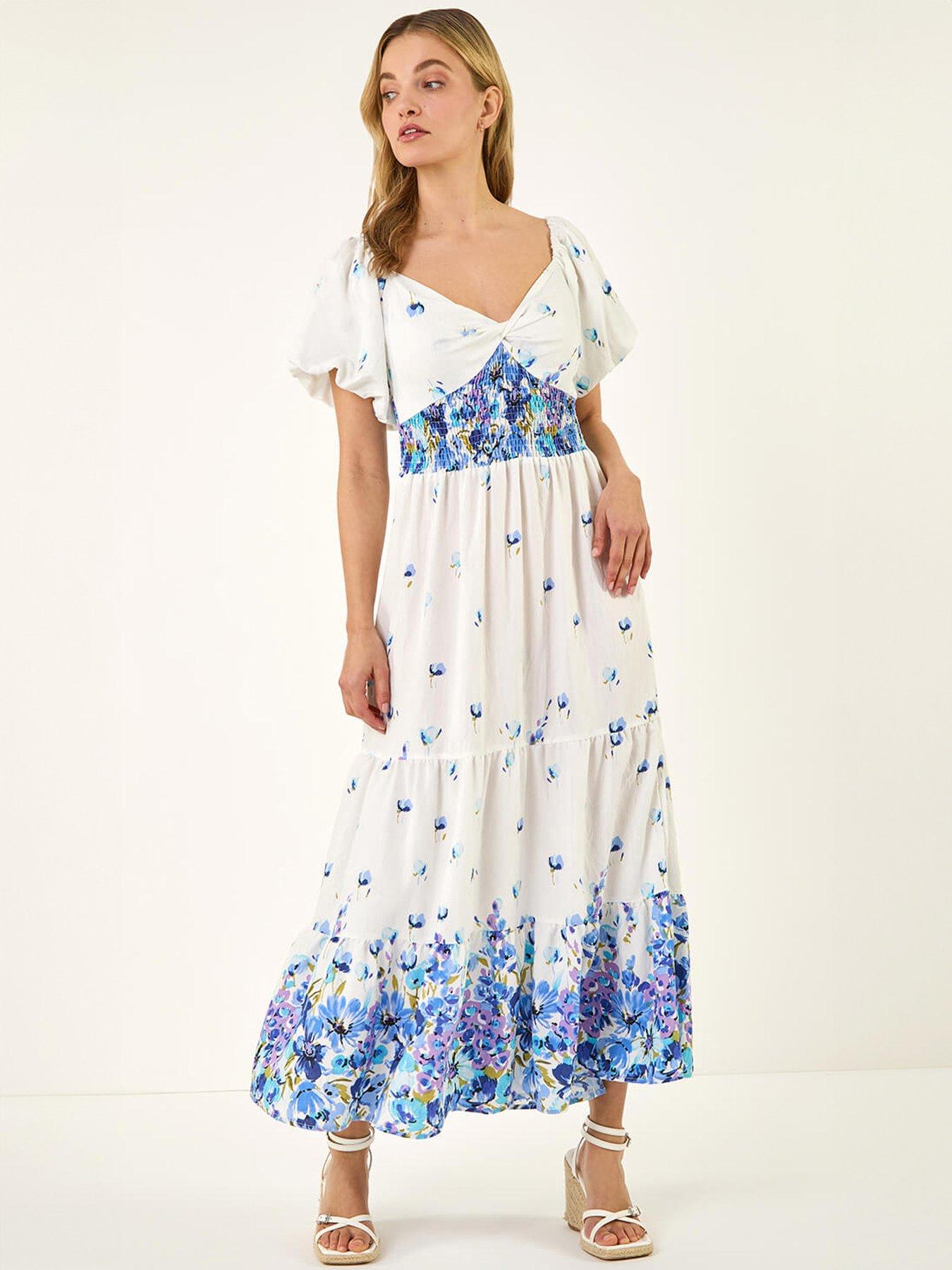 Roman Emb Puff Midi Dress, Blue, Women