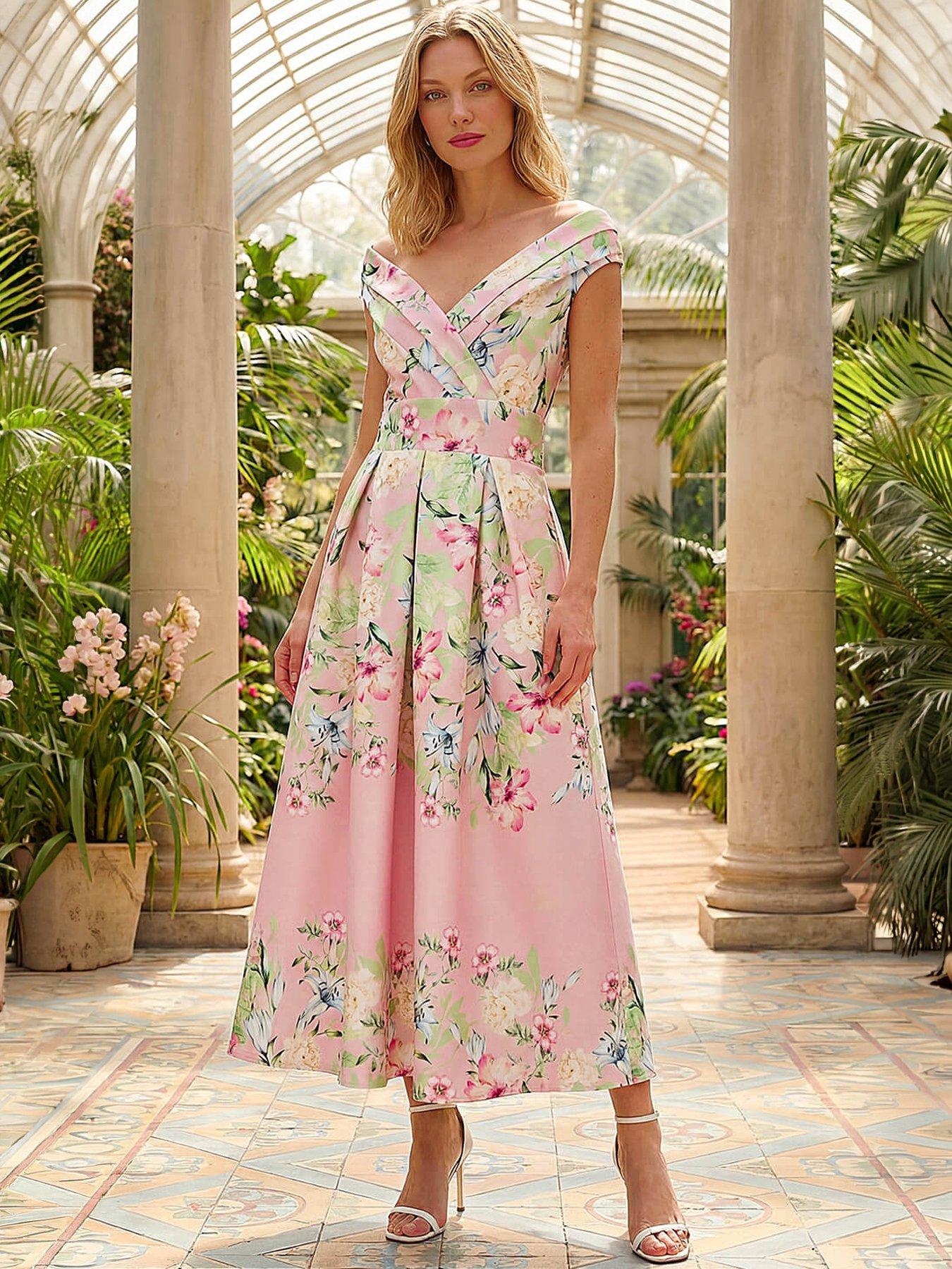 Roman Floral Print Bardot Midi Stretch Dress