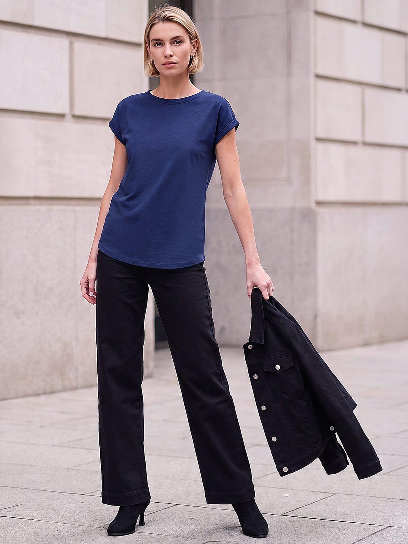 Roman Women's Navy Plain Stretch Cotton Jersey T-Shirt In Size 14 - Image 3