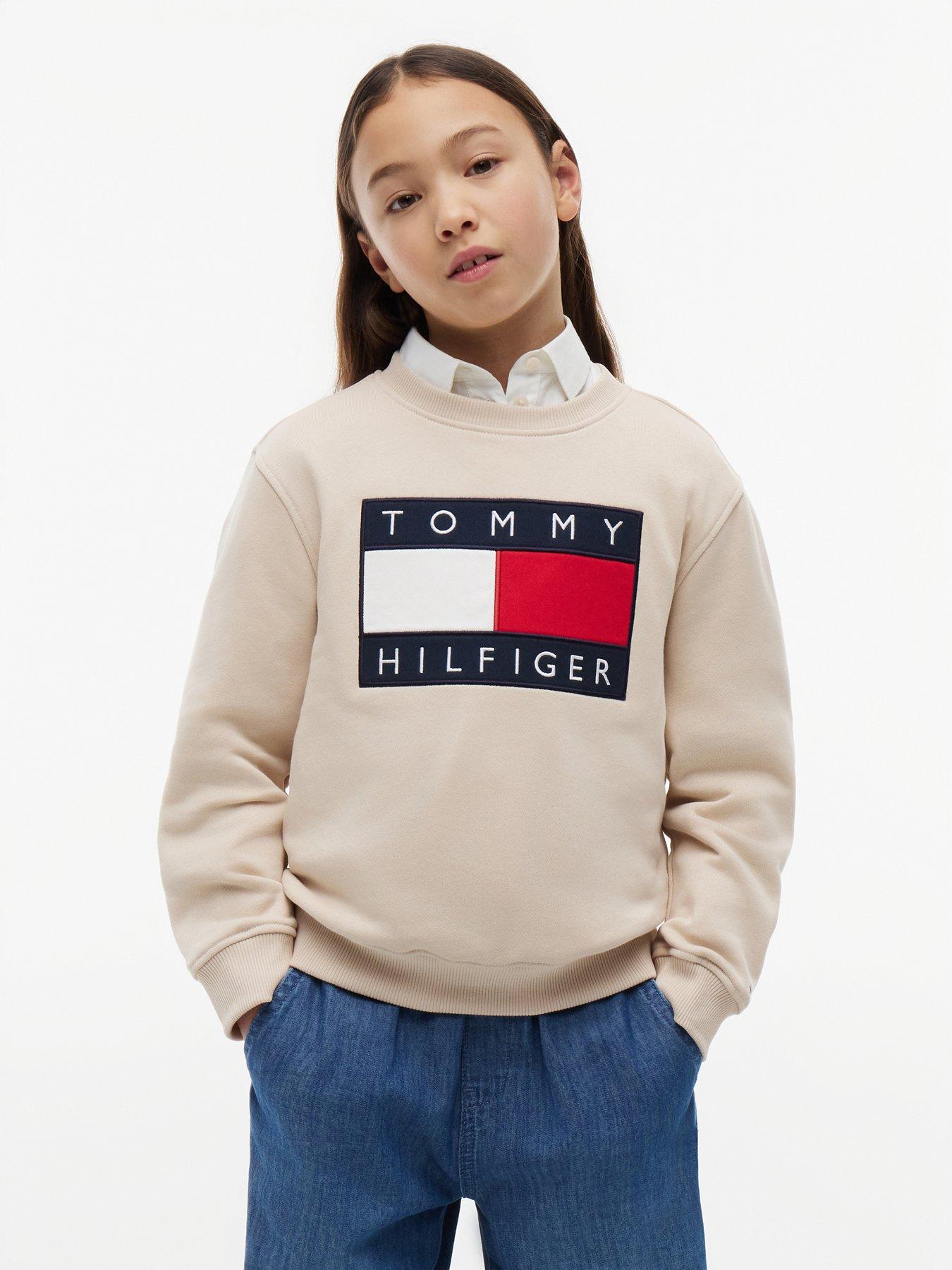 Tommy Hilfiger Unisex Heritage Flag Logo Crew Neck Sweatshirt, Beige, Size 8 Years