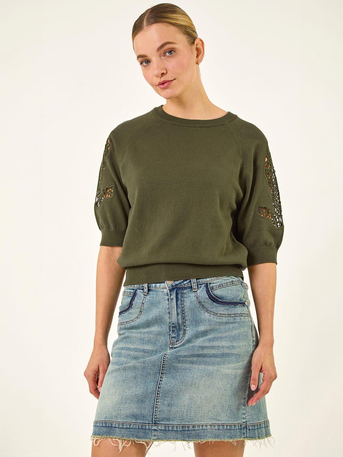 Roman Dusk Crochet Sleeve Knit Top