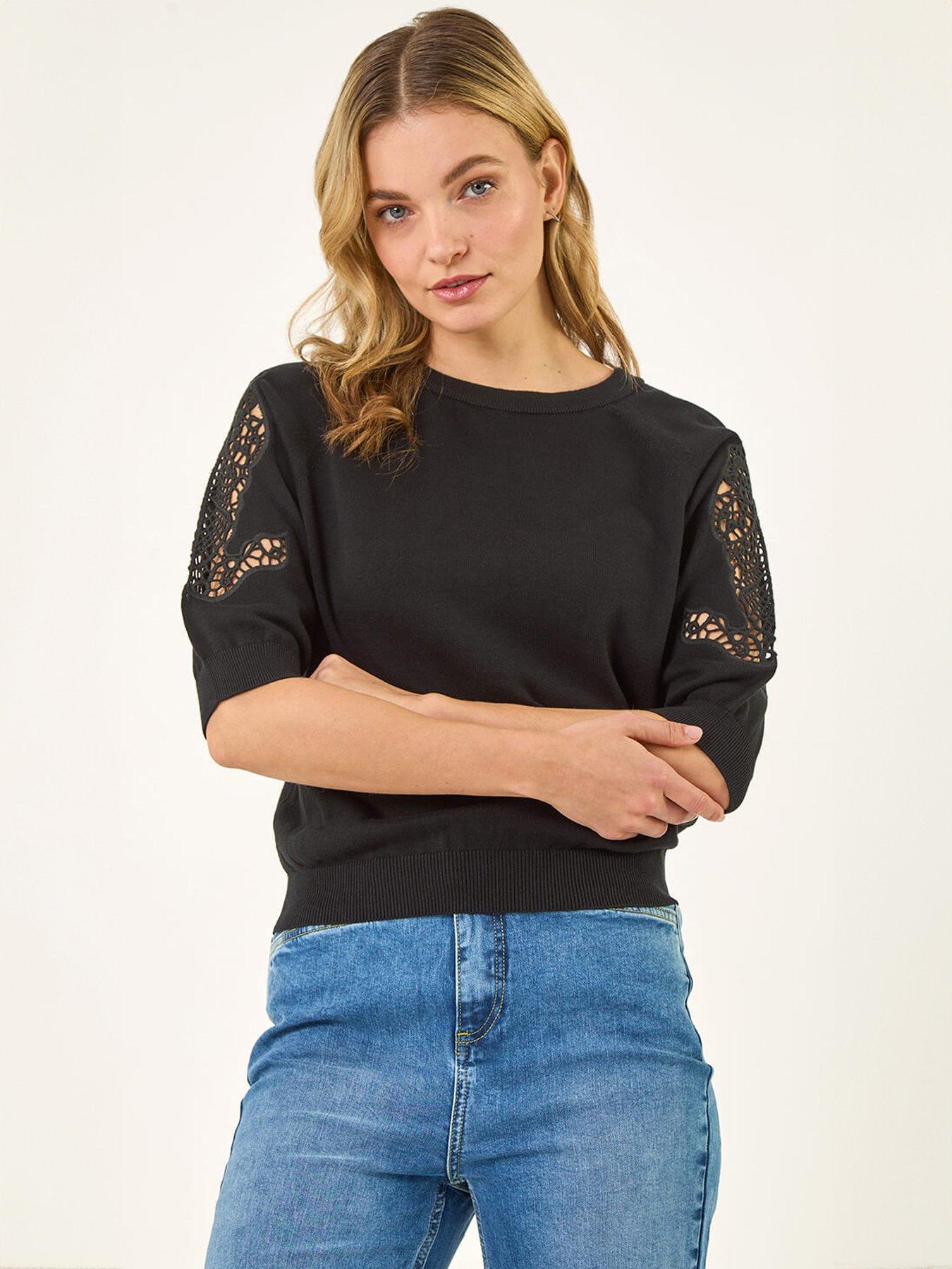 Roman Dusk Crochet Sleeve Knit Top