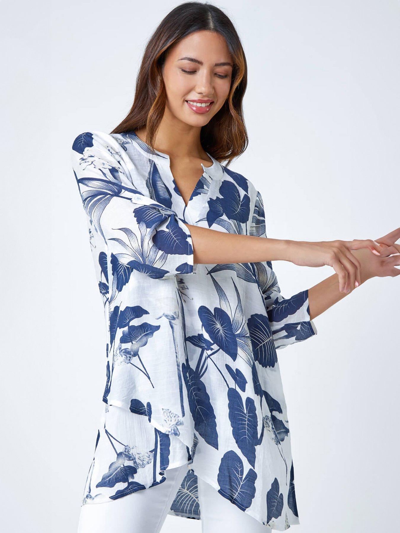 Roman Palm Print Wrap Hem Tunic Top