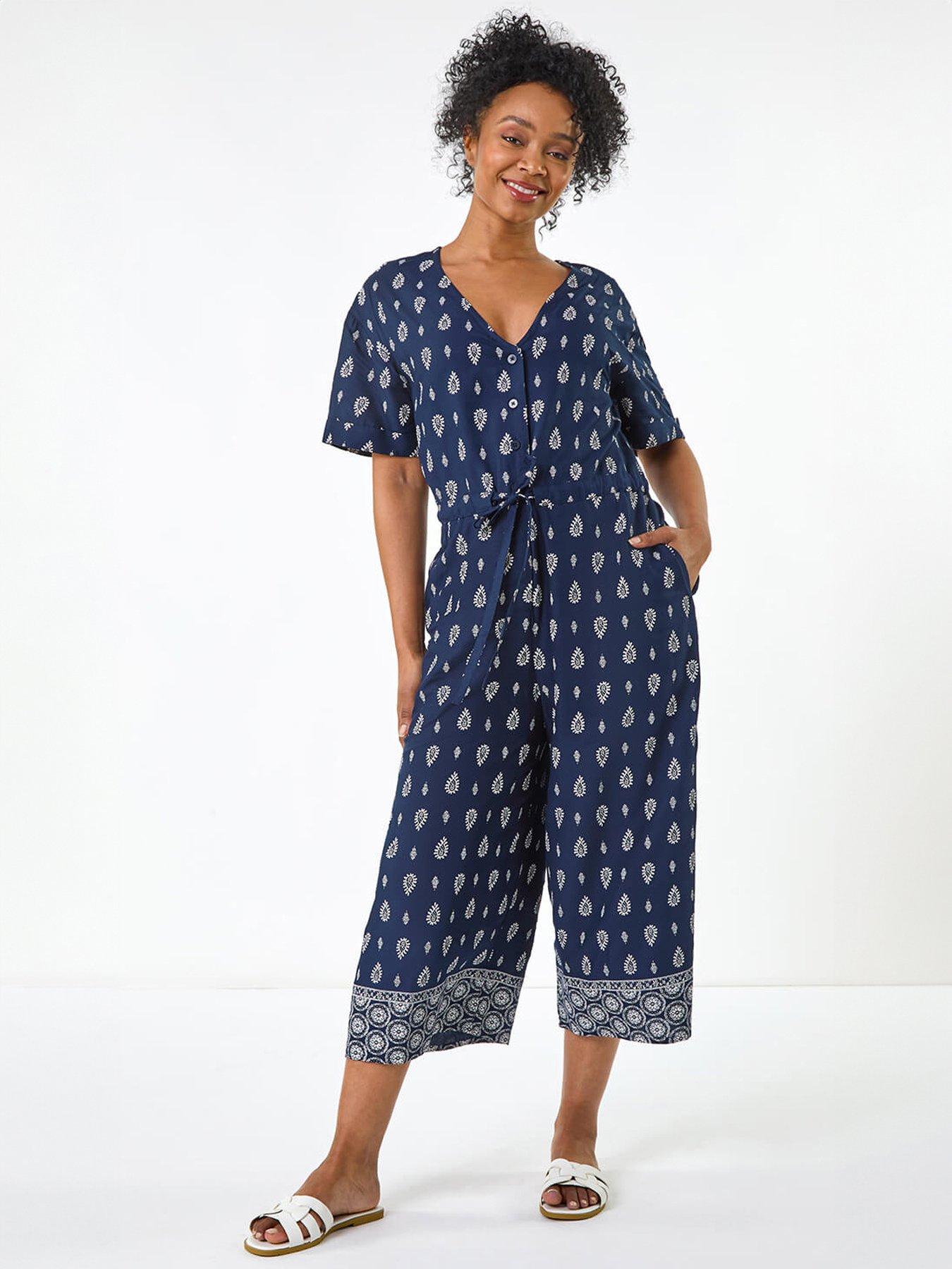 Roman Petite Print V-neck Cropped Jumpsuit
