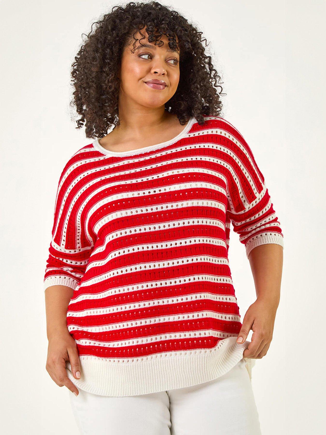 Roman Curve Crochet Stripe Knit Top