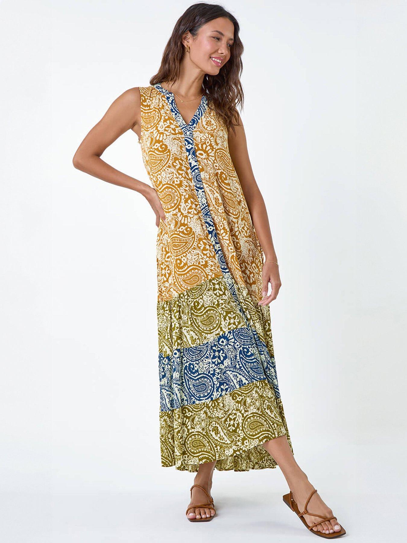 Roman Patchwork Print Tiered Maxi Dress
