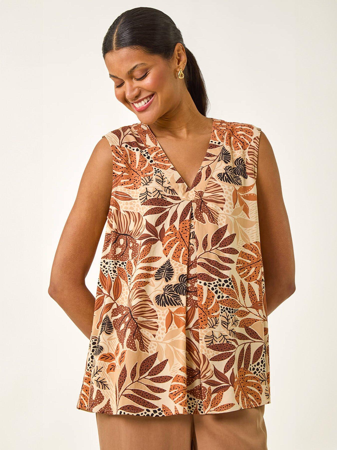 Roman Leaf V-neck Vest Top, Brown, Size 12, Women
