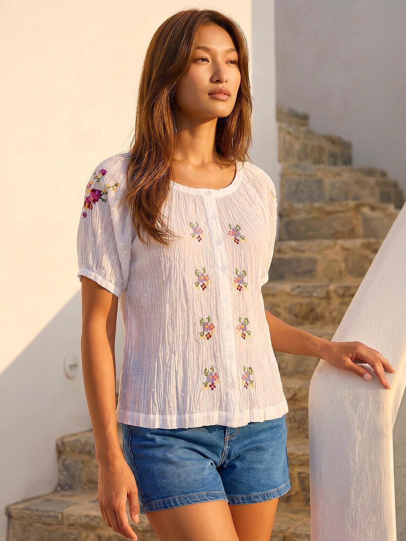 Roman Women's Floral Cross Stitch Blouse in Ivory | Size: 18 - Image 3
