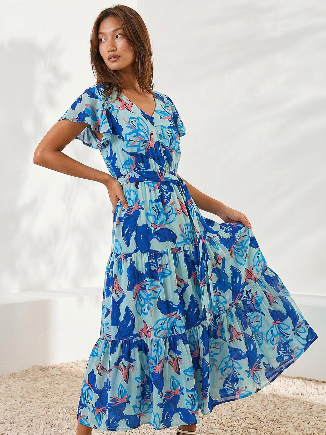 Roman Floral Tiered Tie Waist Midi Dress