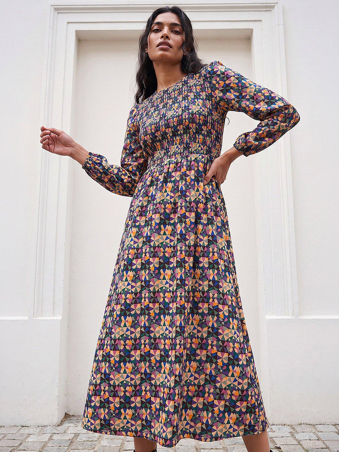 Roman Geometric Print Shirred Midi Dress, Purple, Size 16, Women