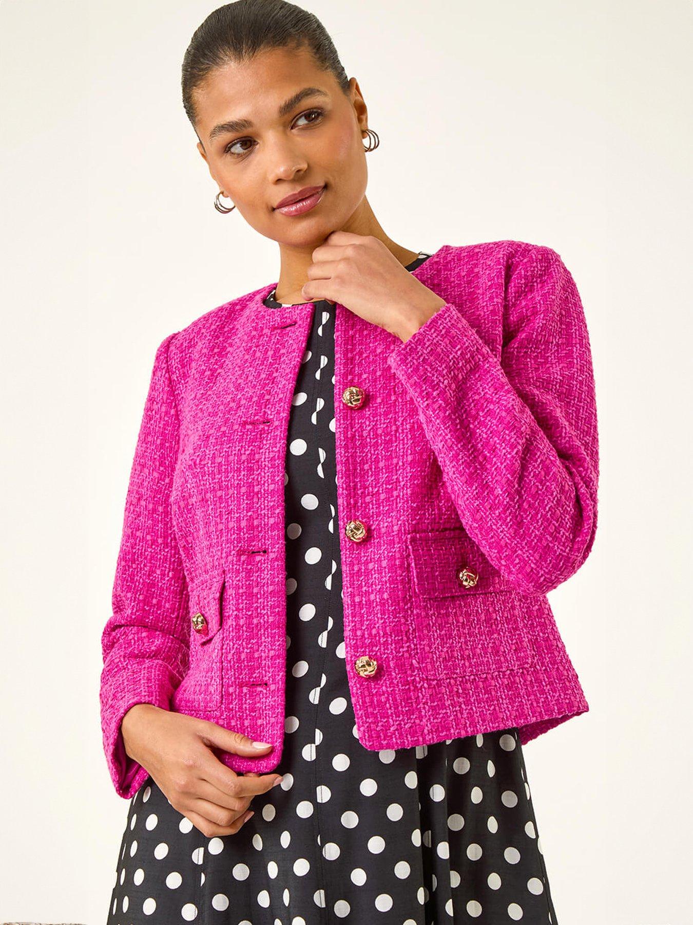 Roman Collarless Buttoned Boucle Jacket