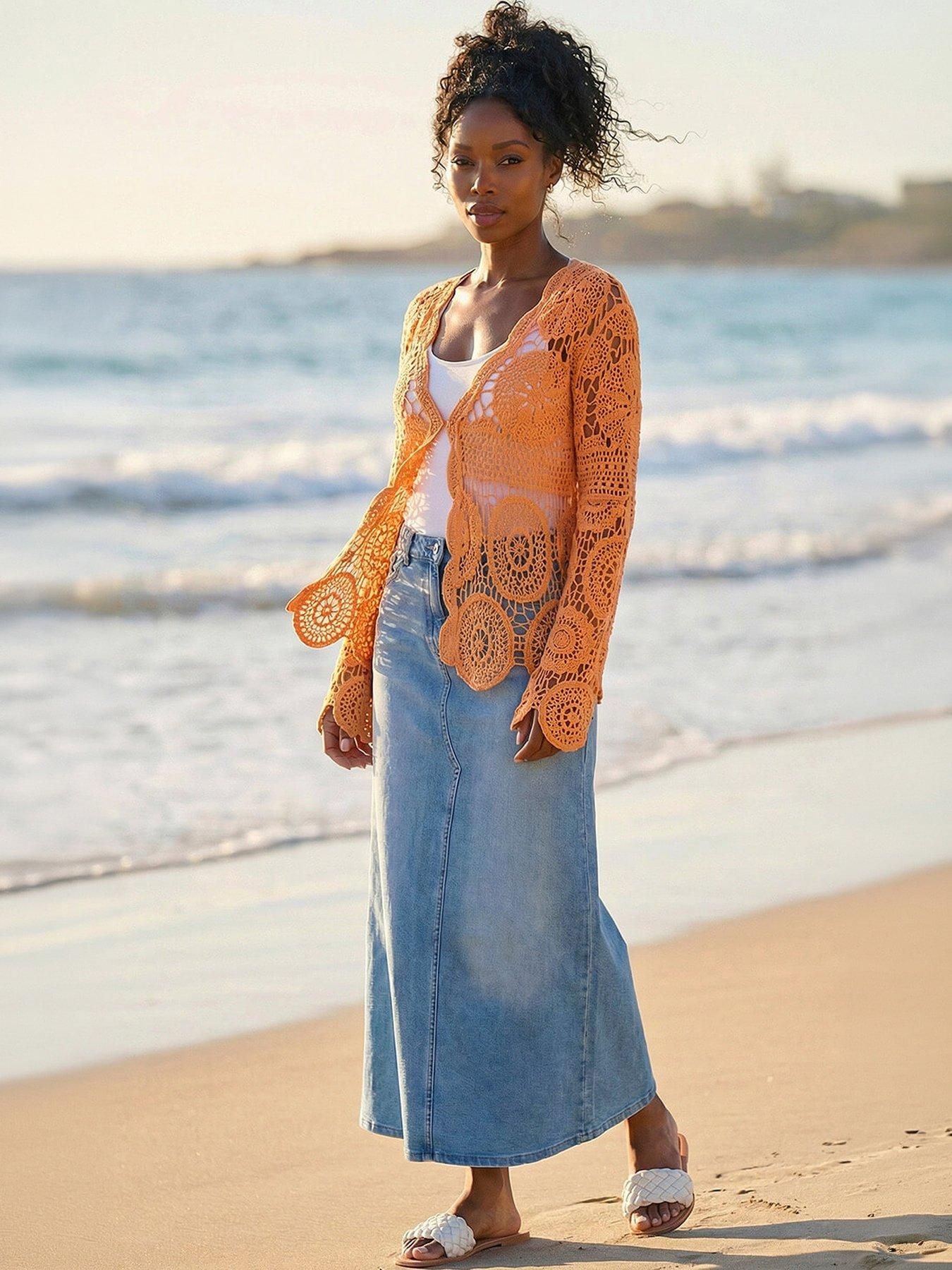 Roman Crochet Knit Cardigan, Orange, Size S, Women