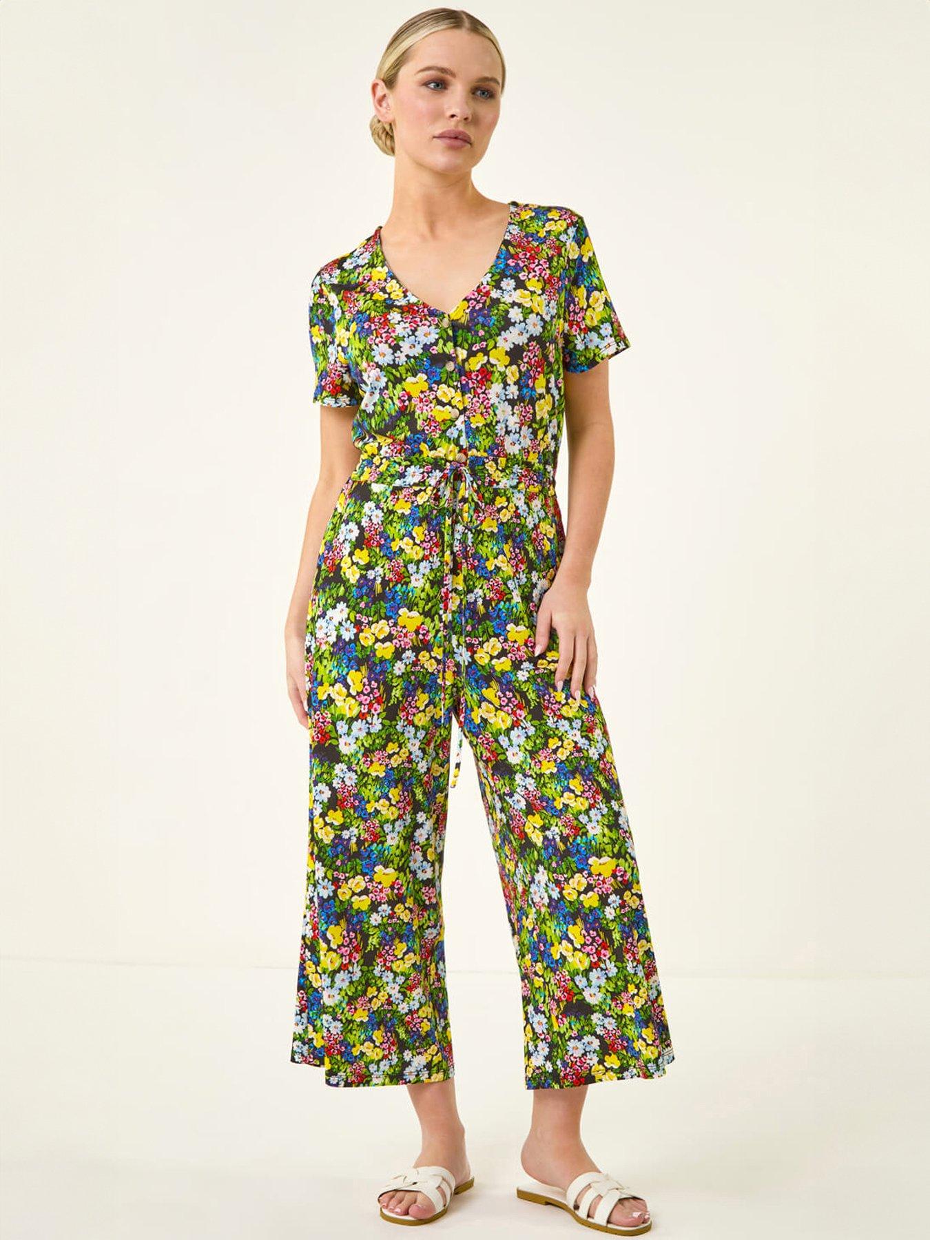 Image 1 of 5 of Roman Petite Floral Button Front Jumpsuit