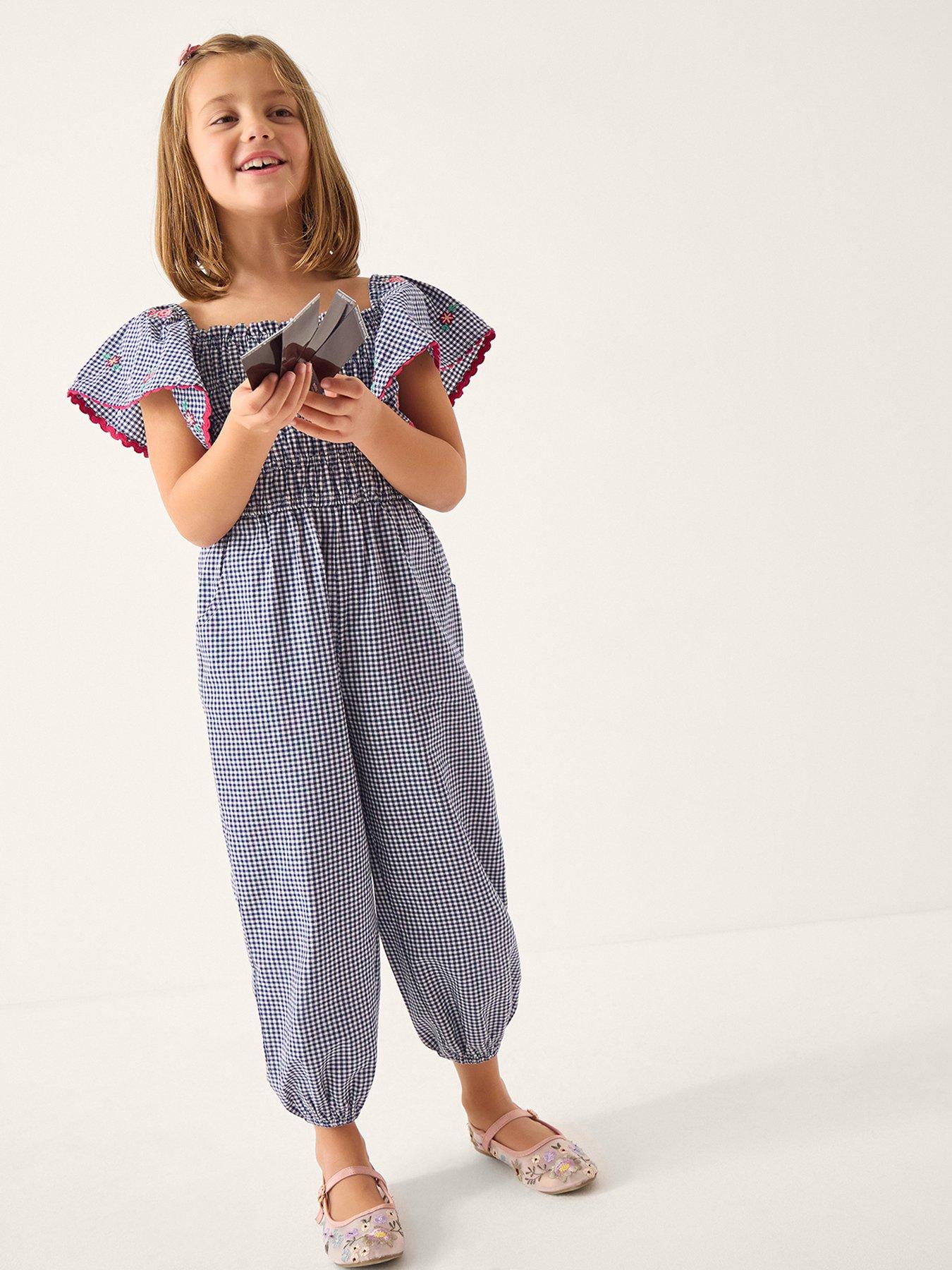 Image 1 of 4 of Monsoon Girls Gingham Shirred Jumpsuit - Navy