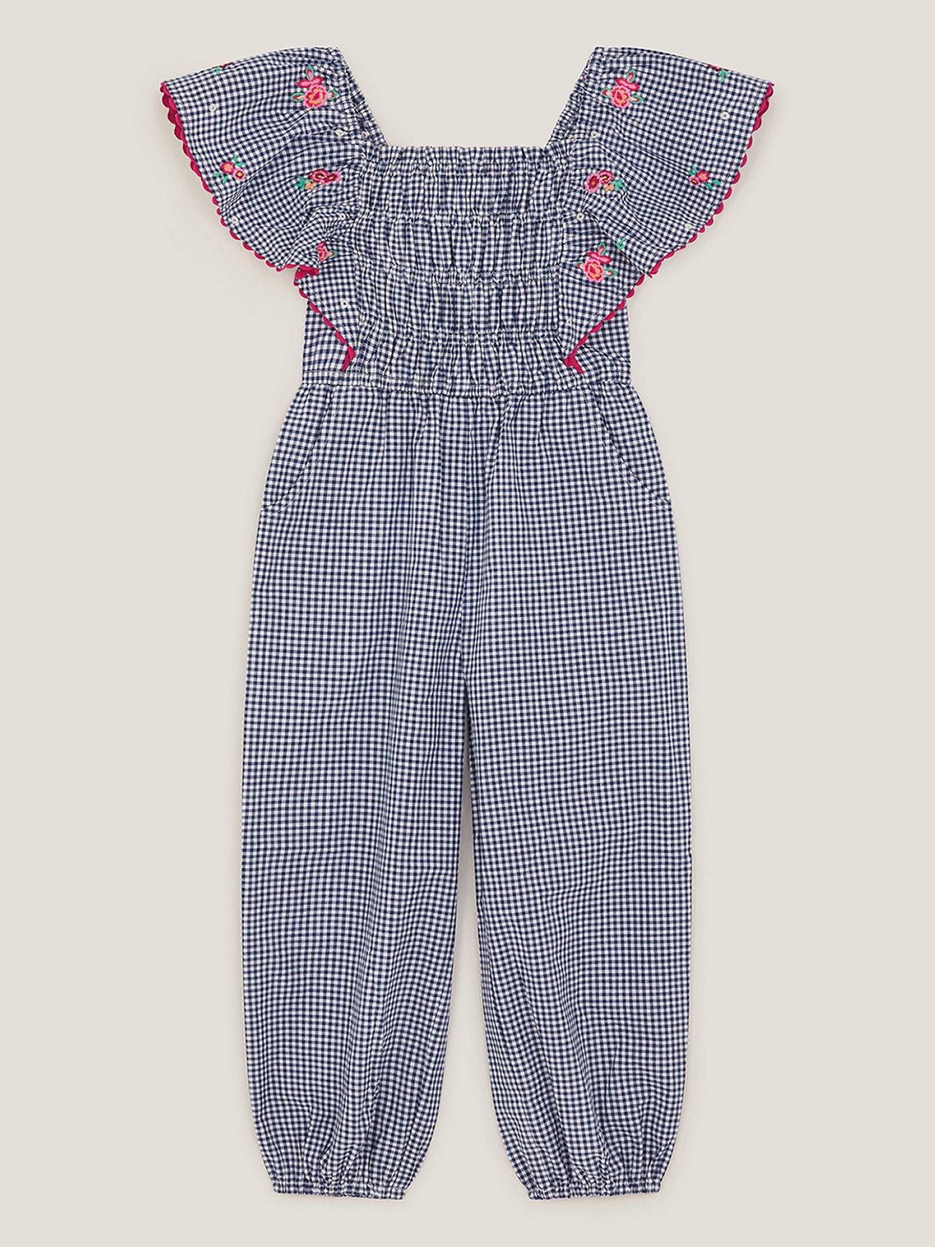Image 2 of 4 of Monsoon Girls Gingham Shirred Jumpsuit - Navy