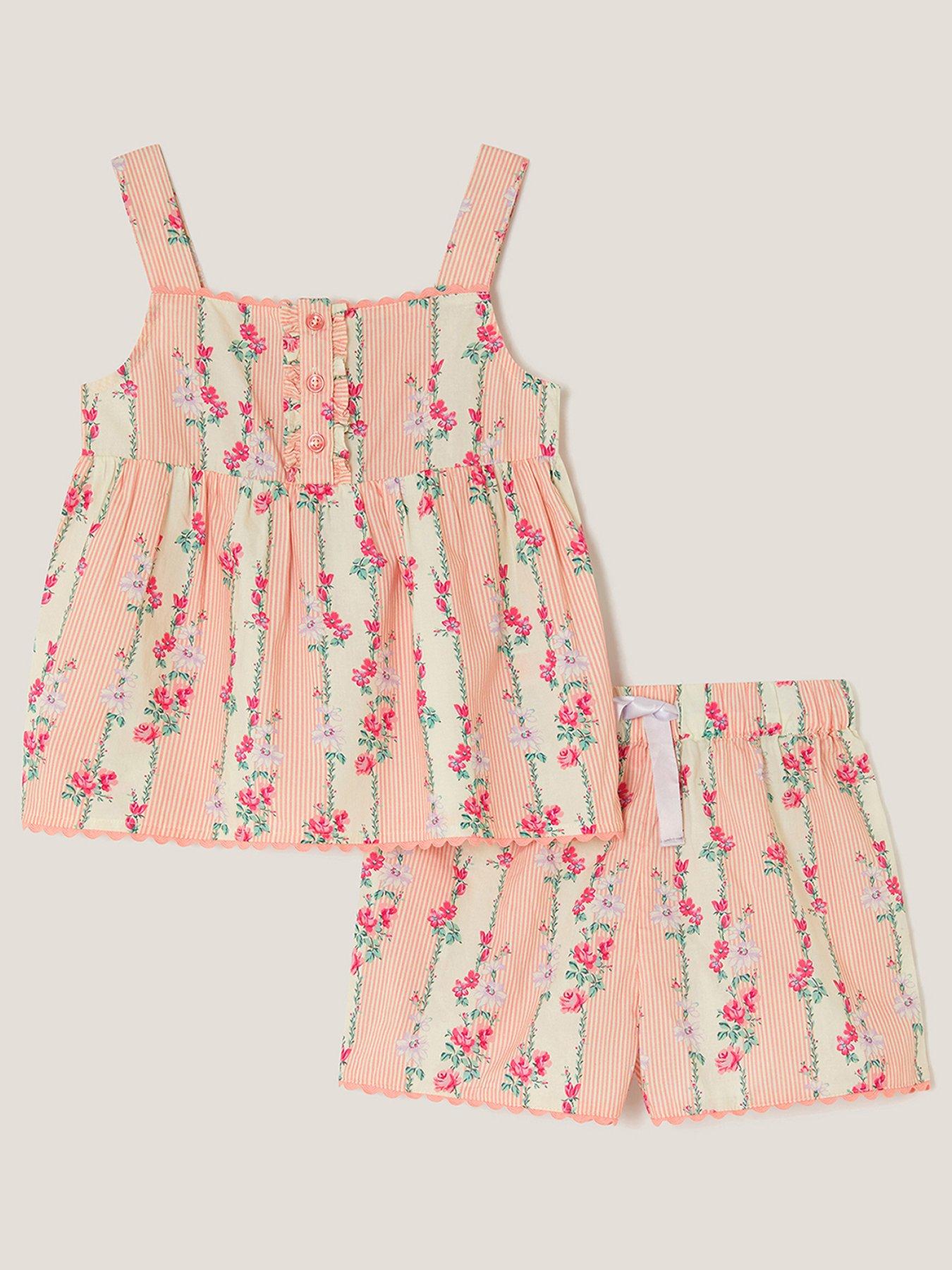 Image 1 of 3 of Monsoon Girls Easter Stripe Floral Woven Pyjamas - Cream