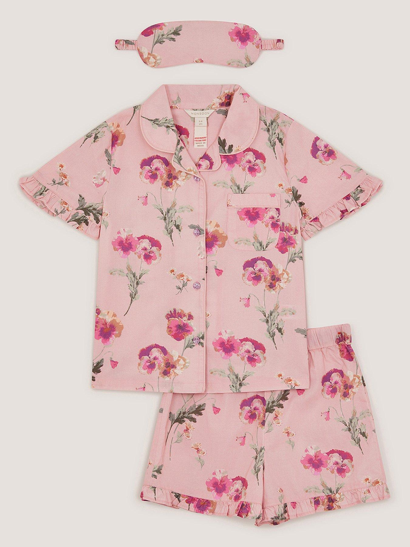 Monsoon Girls Pansy Woven Print Pyjamas With Eye Mask - Pink