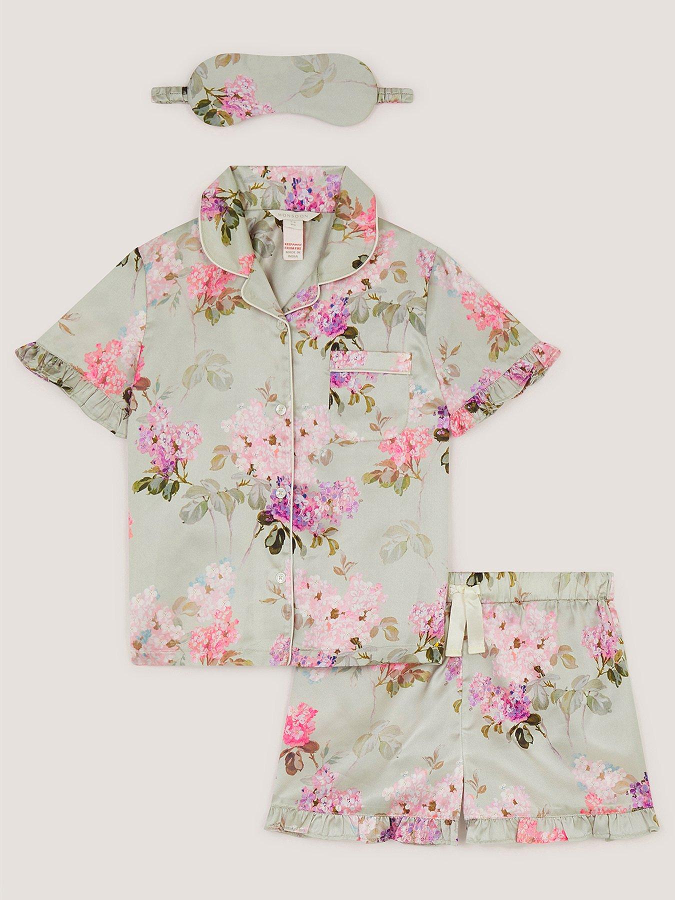 Image 1 of 2 of Monsoon Girls Satin Short Print Pyjamas - Green