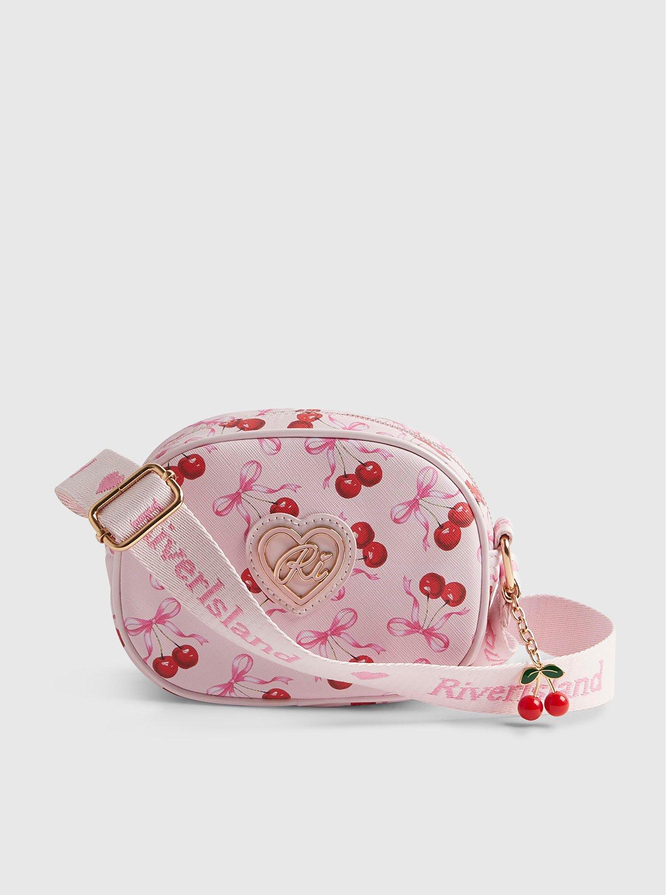 River Island Older Girls Cherry Bow Oval Cross Body Bag, Pink