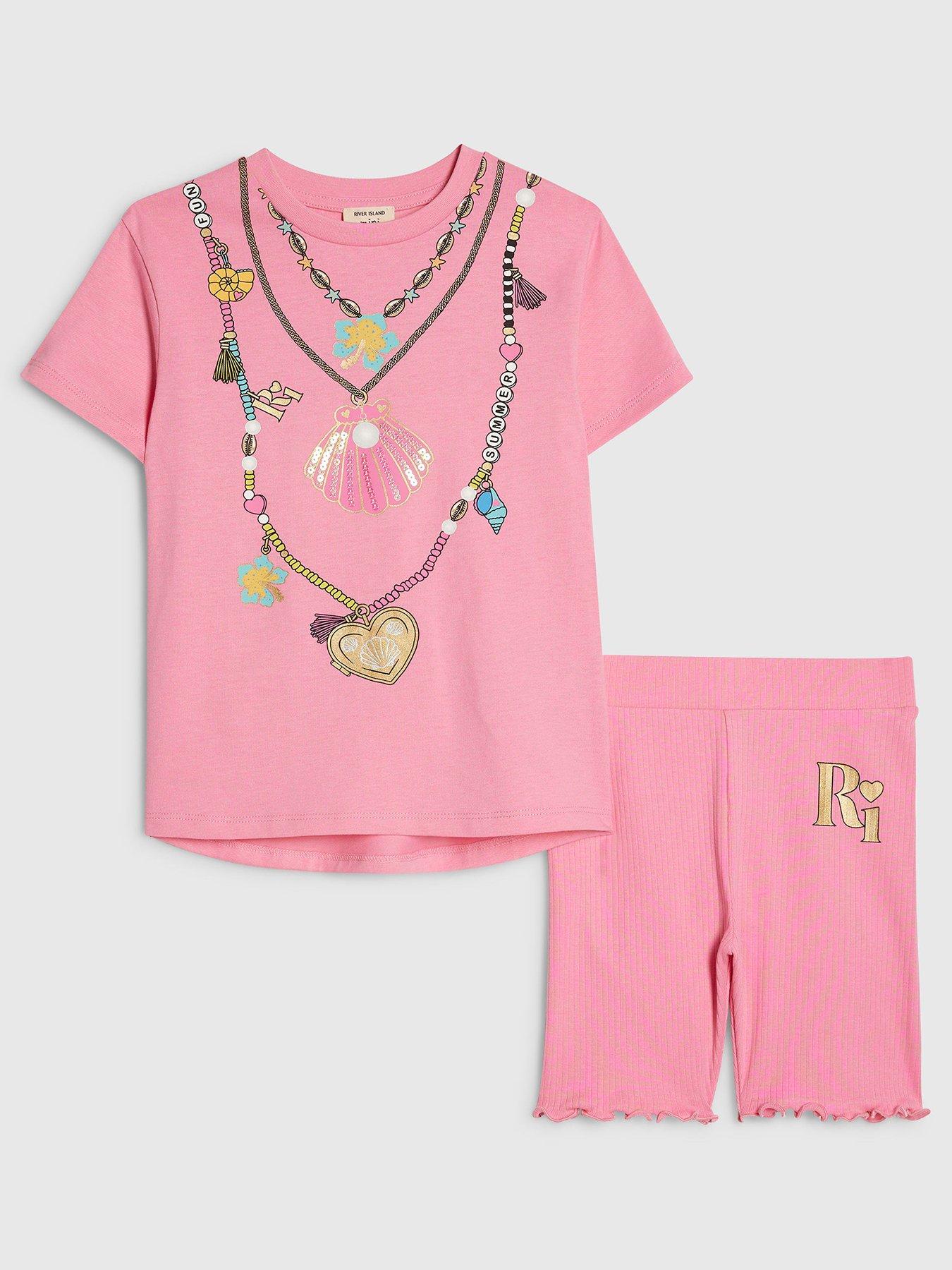 Image 1 of 5 of River Island Mini Girls Necklace T-Shirt Set - Pink