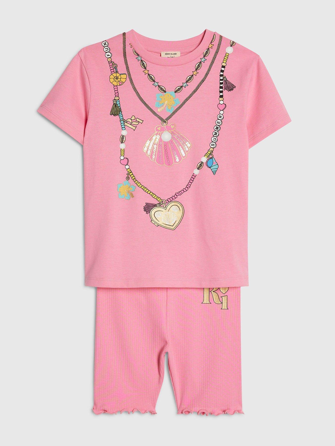 Image 3 of 5 of River Island Mini Girls Necklace T-Shirt Set - Pink