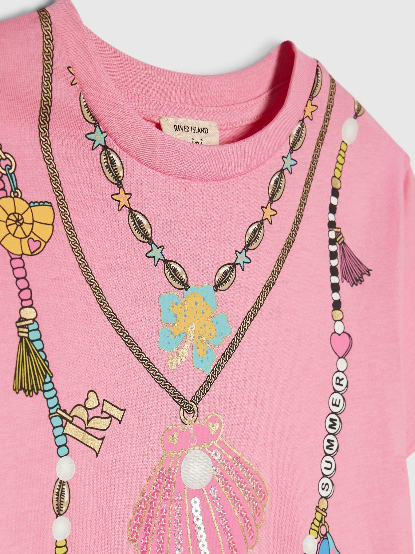 Image 4 of 5 of River Island Mini Girls Necklace T-Shirt Set - Pink