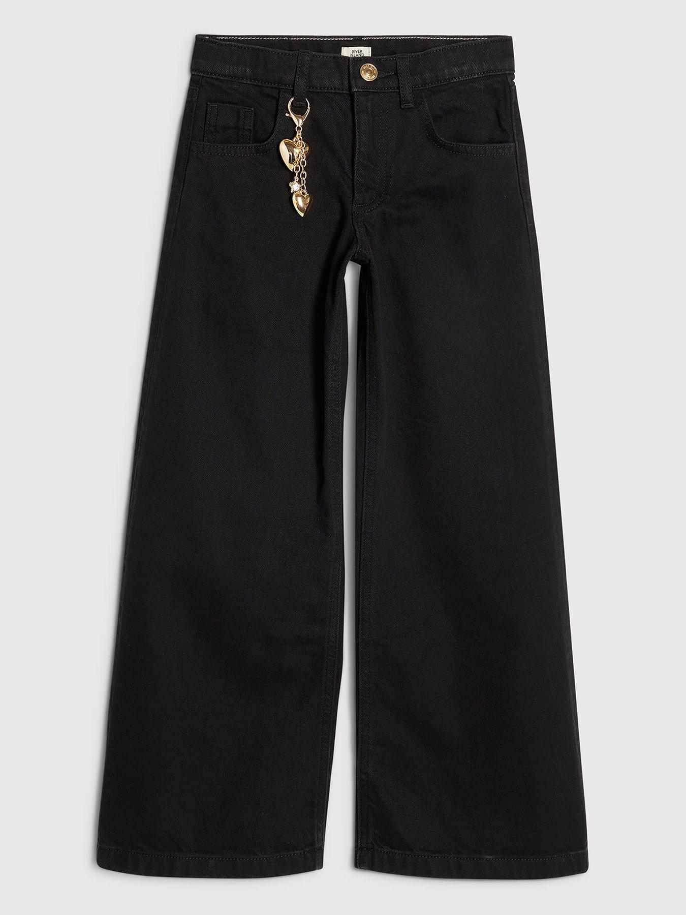 River Island Older Girls Wide Leg Jeans With Keychain - Black
