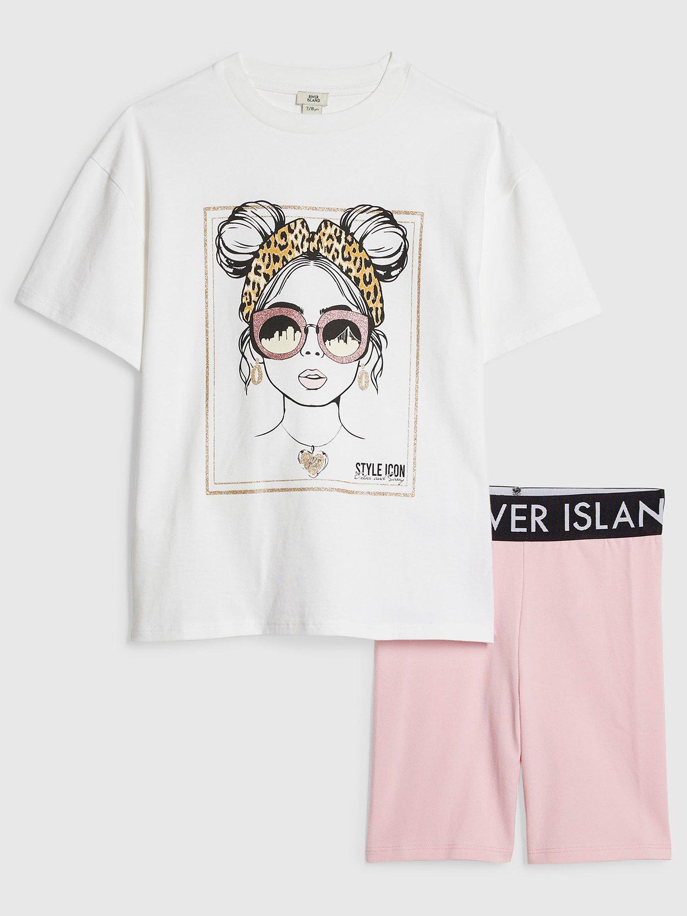 River Island Older Girls Girl Print T-Shirt and Shorts Set - White