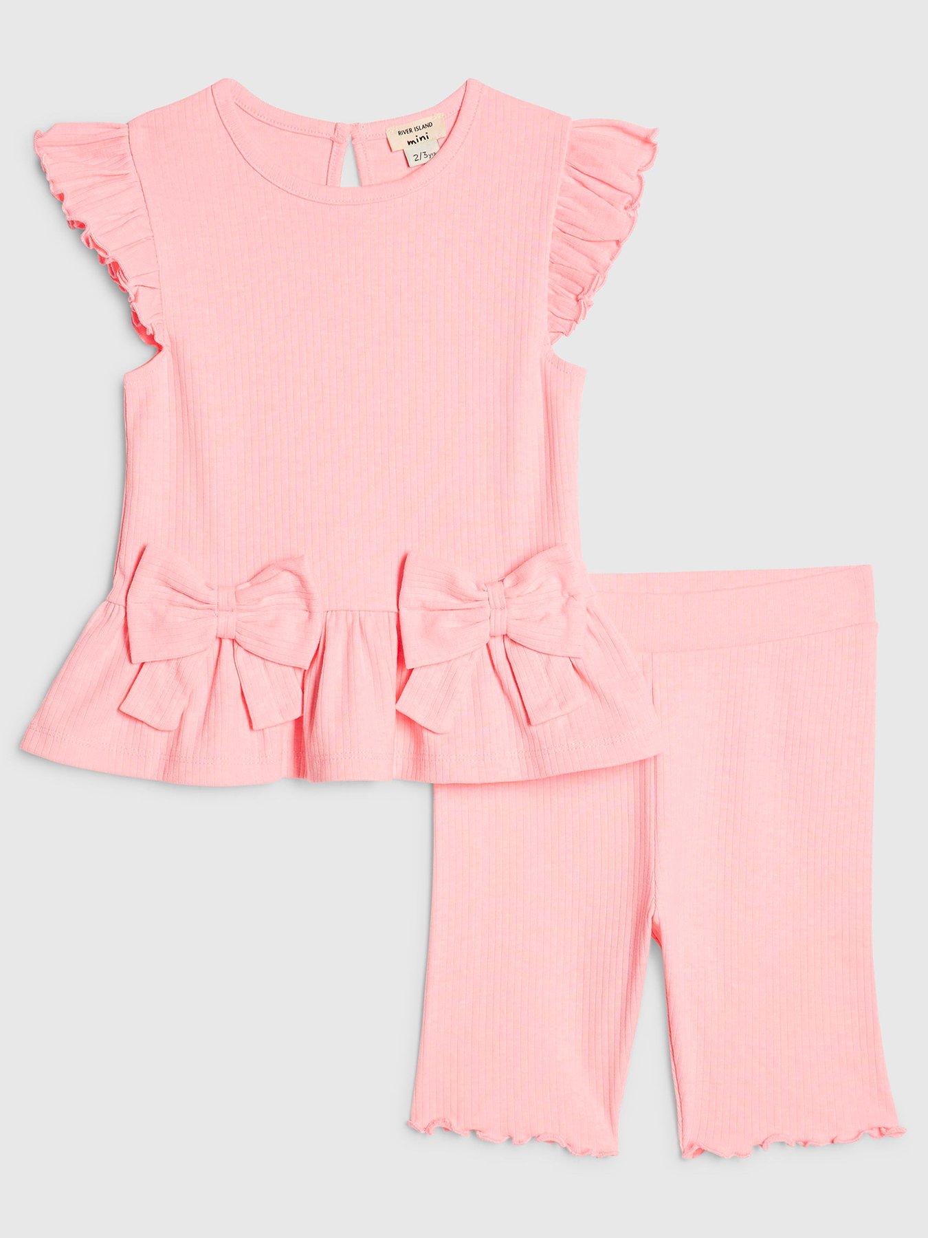 River Island Mini Girls Peplum Bow Rib Shorts Set - Pink | Very