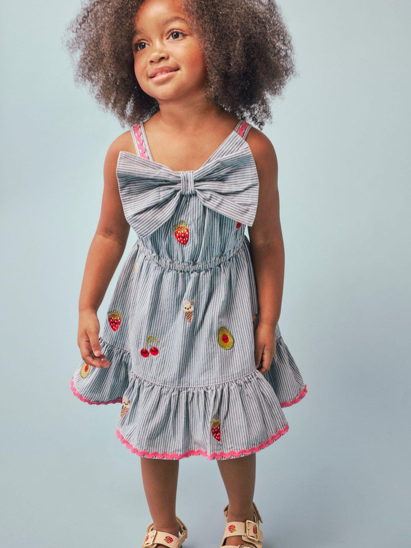 Image 1 of 5 of River Island Mini Girls Stripe Embroidered Bow Fruit Print Dress - Blue