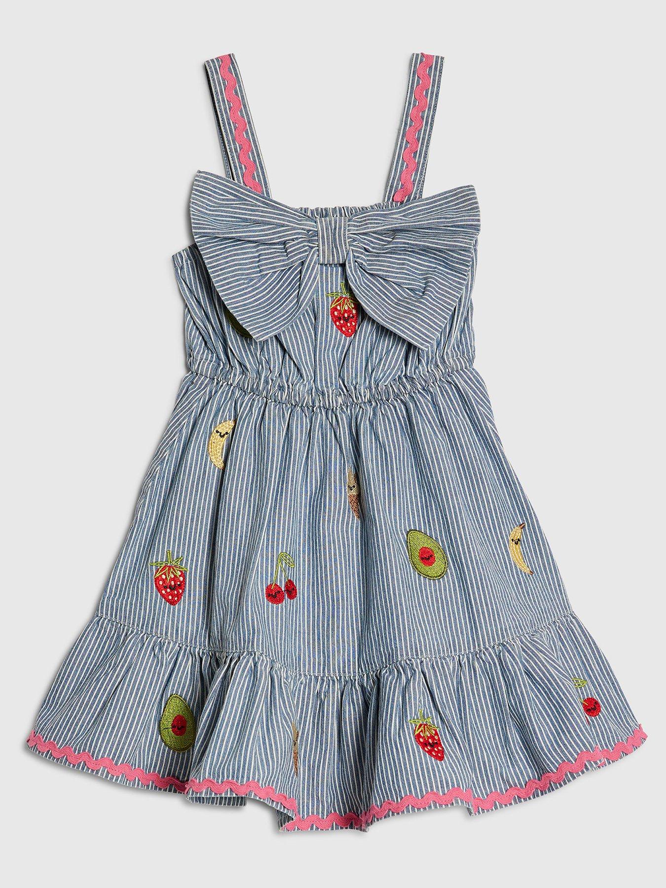 Image 2 of 5 of River Island Mini Girls Stripe Embroidered Bow Fruit Print Dress - Blue