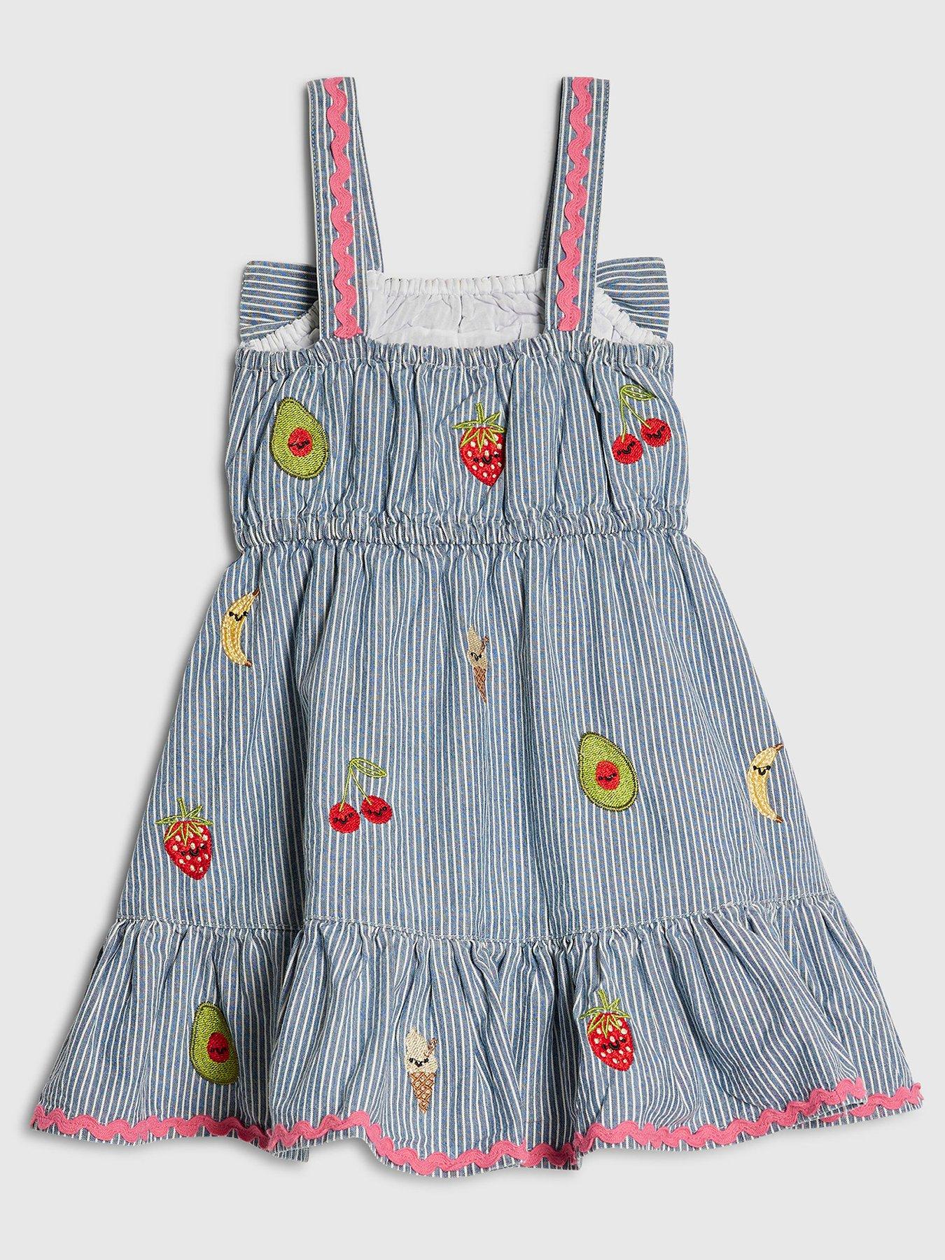 Image 3 of 5 of River Island Mini Girls Stripe Embroidered Bow Fruit Print Dress - Blue