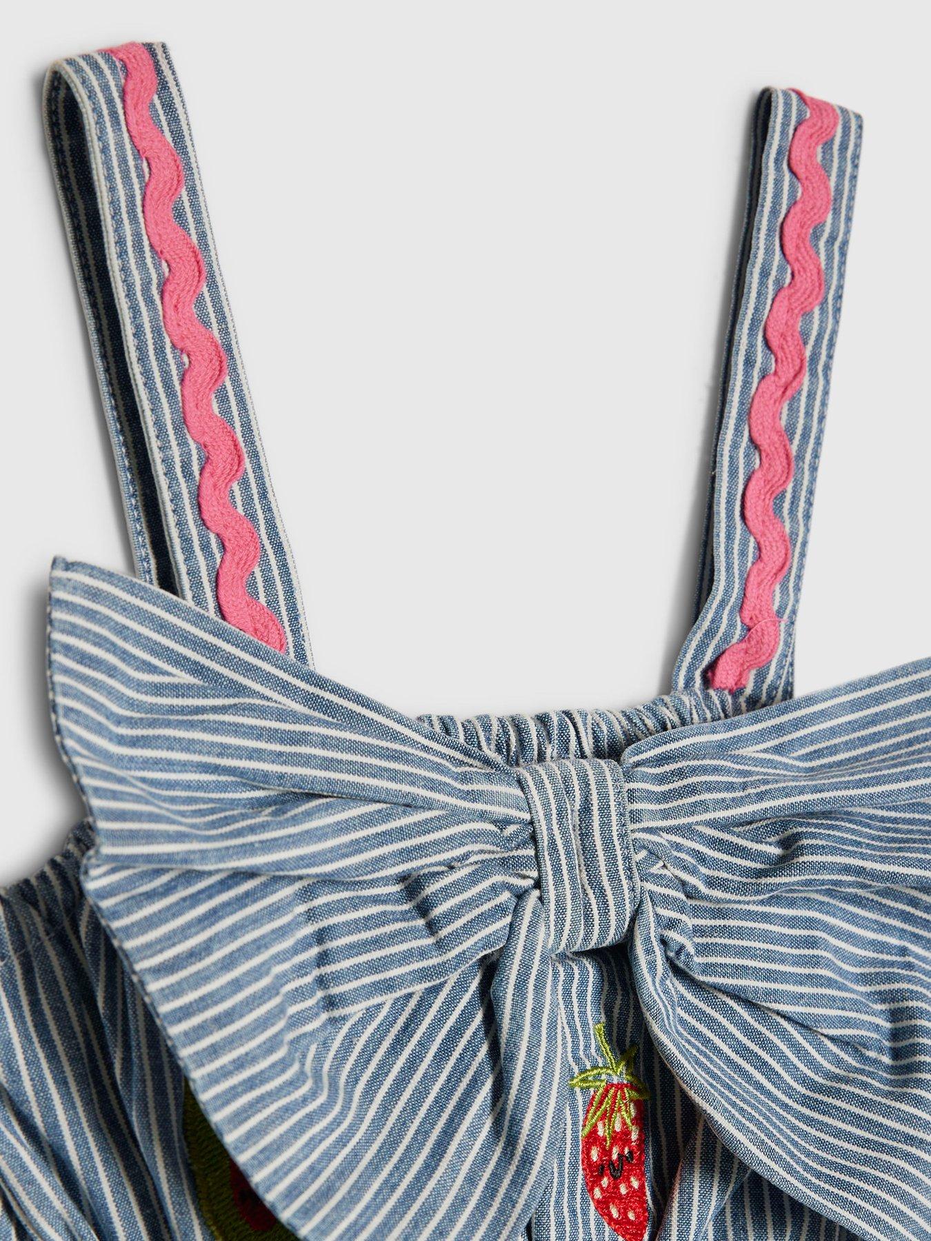 Image 4 of 5 of River Island Mini Girls Stripe Embroidered Bow Fruit Print Dress - Blue