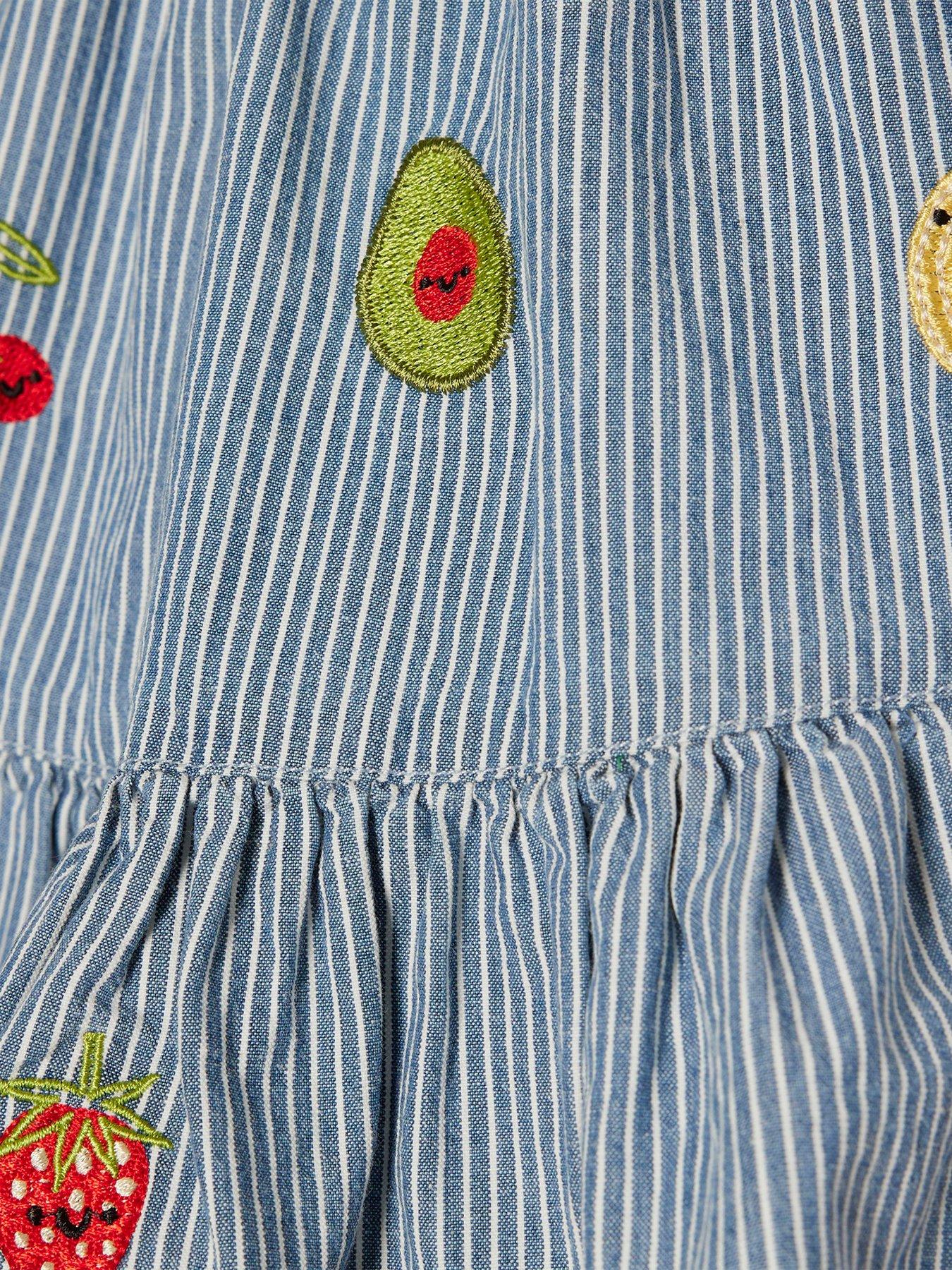 Image 5 of 5 of River Island Mini Girls Stripe Embroidered Bow Fruit Print Dress - Blue